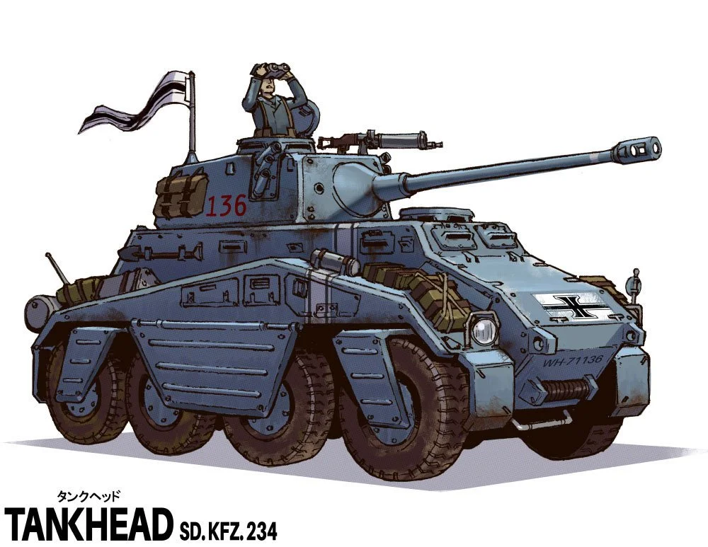 Illustration of a World War II inspired armored car with a soldier on top, holding binoculars. The tank is labeled 'Tankhead' and has the number 136 on the turret.