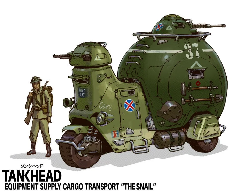 Illustration of a snail-shaped military tankhead scooter with a soldier standing beside it, labeled as "Tankhead equipment supply cargo transport 'The Snail'".