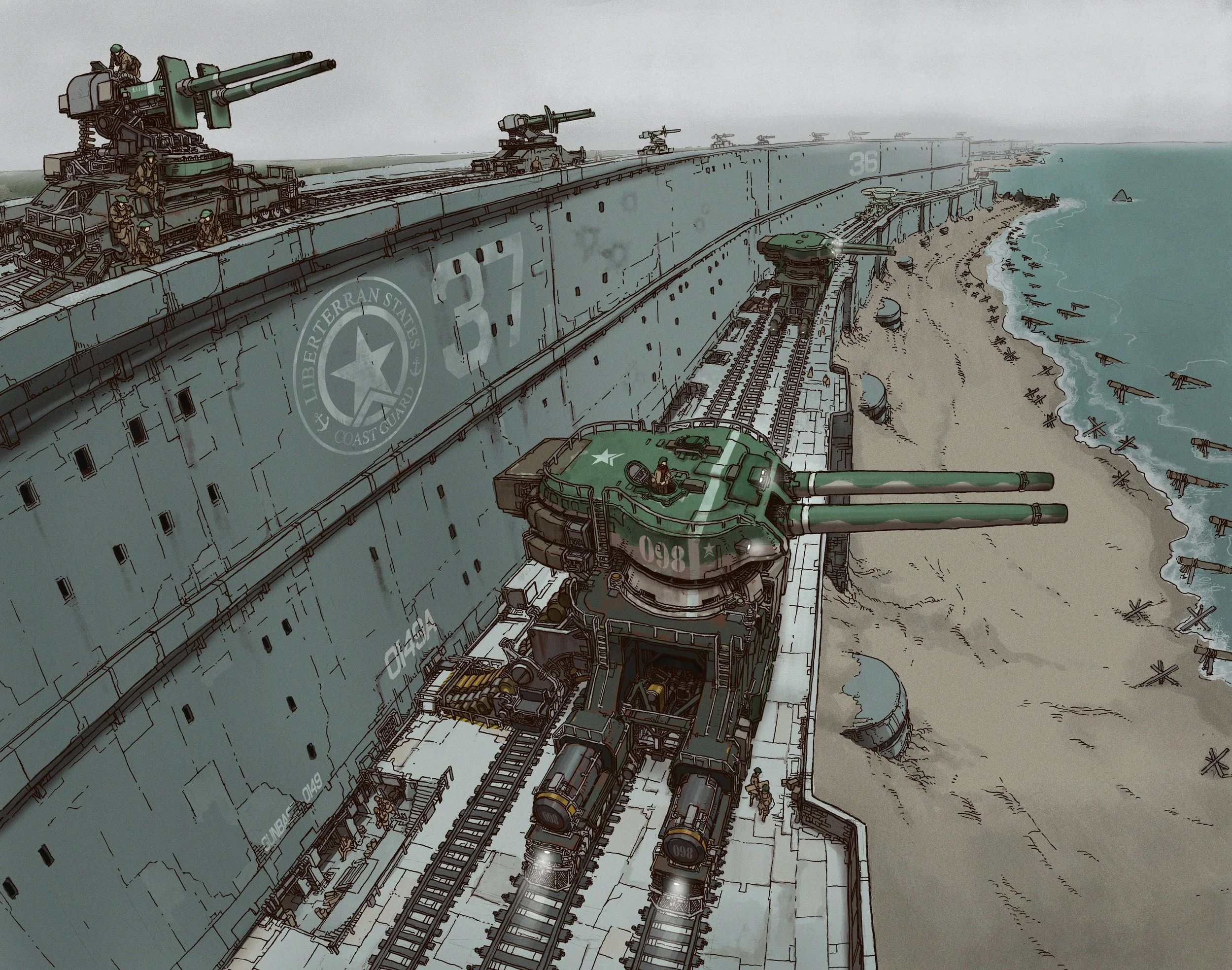 A scene of a large, coastal defense wall with battleship guns and anti-air guns mounted on locomotives. The scene overlooks a beach with sandbags and barbed wire along the shoreline, with water in the background.
From the book TANKHEAD.