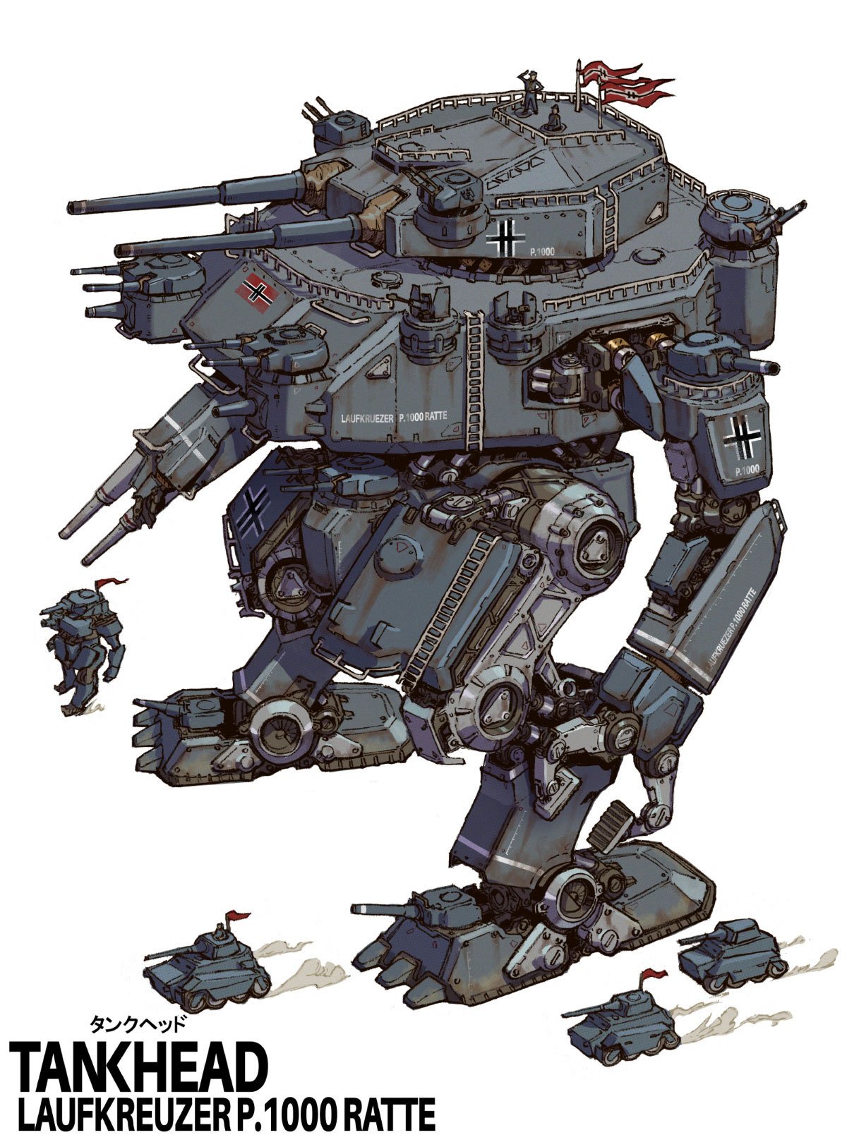 Illustration of a large, humanoid, war robot with a tank-like body, multiple cannons, and small tanks with flags surrounding it. Inspired by the Landkruezer P. 1000 Ratte. This illustration is featured in TANKHEAD Mechanical Encyclopedia. 