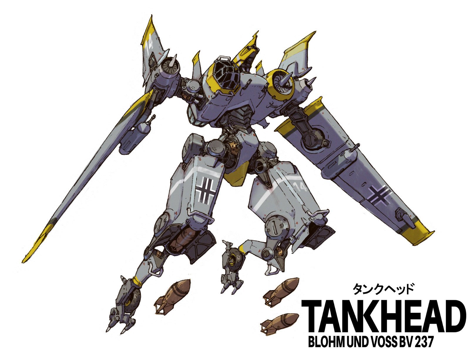 A futuristic robotic jet robot mech with a sleek gray and yellow design, wielding a large sword, with bombs flying below, and text that reads 'Tankhead BLOHM UND VOSS BV 237'. This illustration is featured in TANKHEAD Mechanical Encyclopedia. 