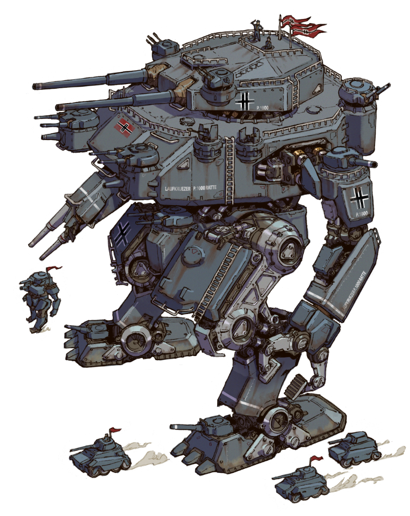 A detailed illustration of a colossal mech based on the P.1000 Ratte
