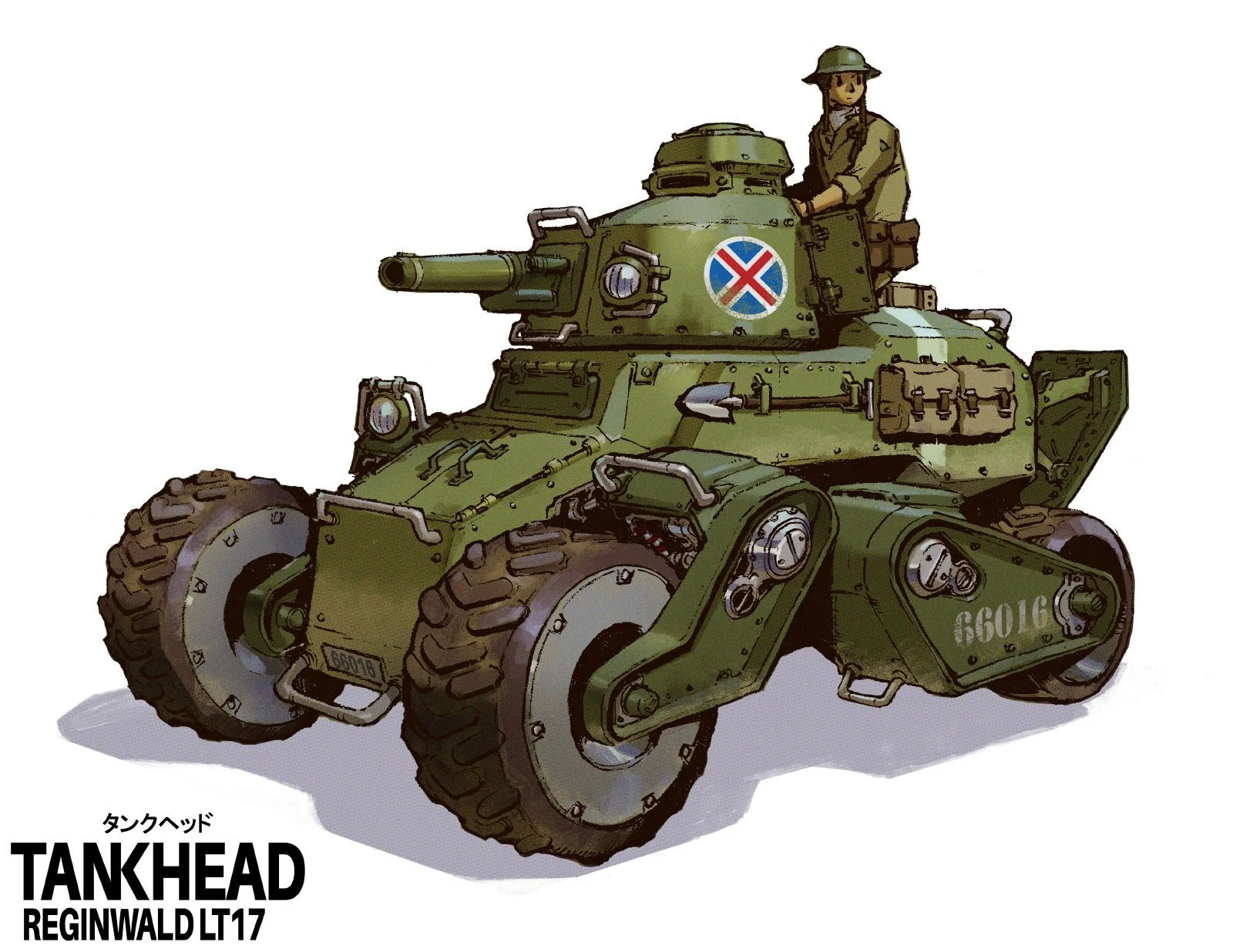 Illustration of a World War II-style tank with a soldier sitting in the turret, and the words 'TANKHEAD REGINWALD LT17' at the bottom.
From the book TANKHEAD Mechanical Encyclopedia.