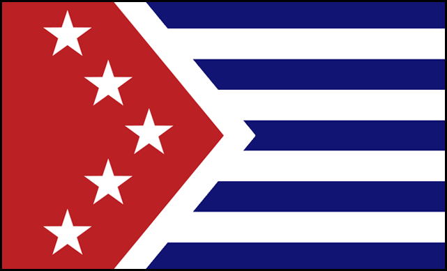 Flag of the fictional nation Liberterra, with a blue and white striped background and a red lozenge with five white stars on the left. Featured in TANKHEAD Mechanical Encyclopedia.
