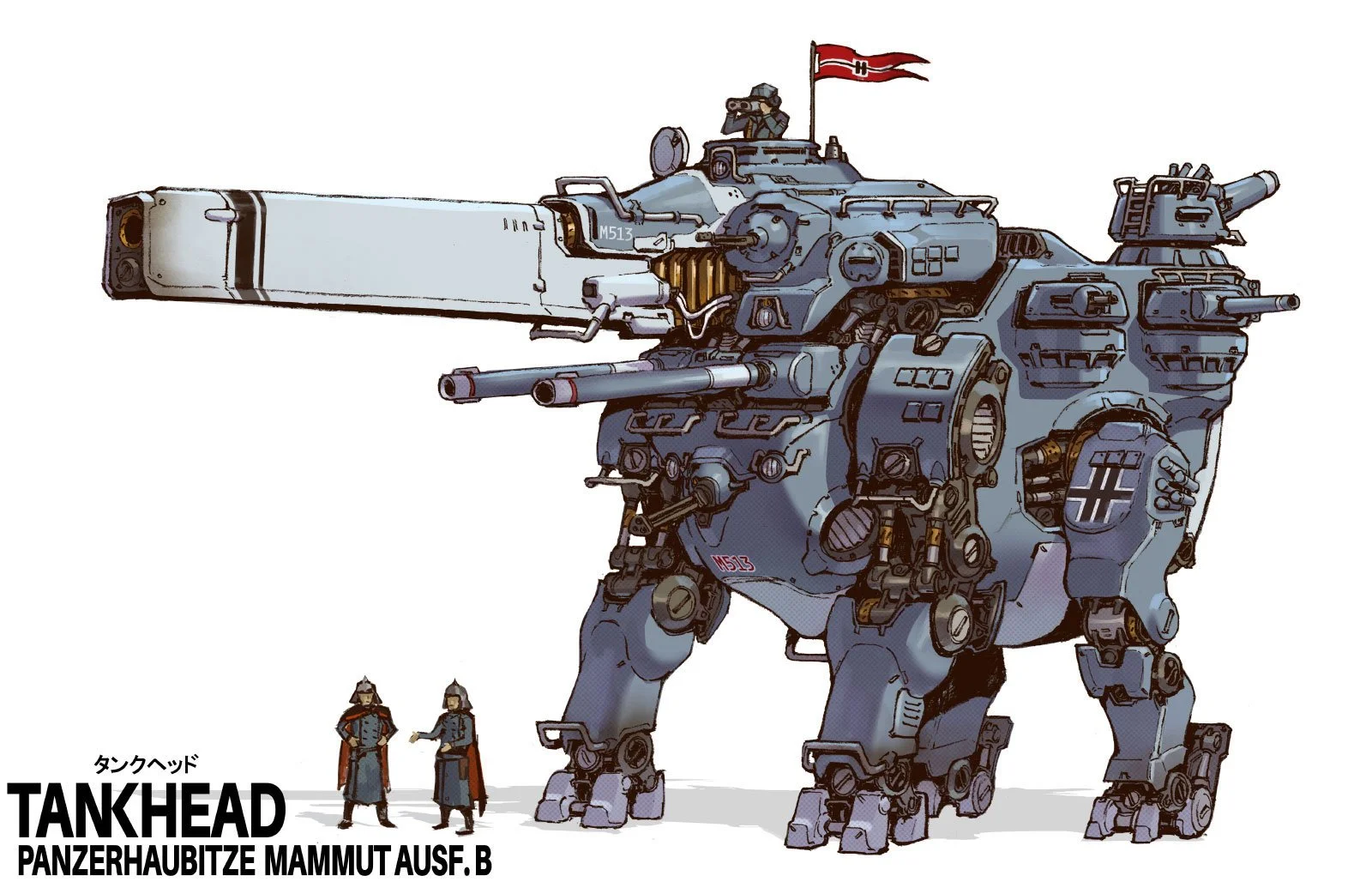 A large mechanized tank with a humanoid shape, featuring multiple cannons and armor. This design is inspired by a mammoth. Text in English describes it as "Tankhead Panzerhaubitze Mammut Ausf. B".