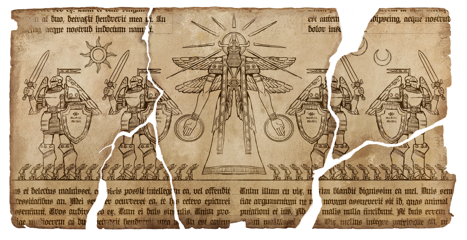 Ancient manuscript featuring a central divine figure with multiple wings, a crown, and radiating lines, flanked by four armored knights with shields and swords, small figures at the bottom, and celestial symbols like the sun and moon.