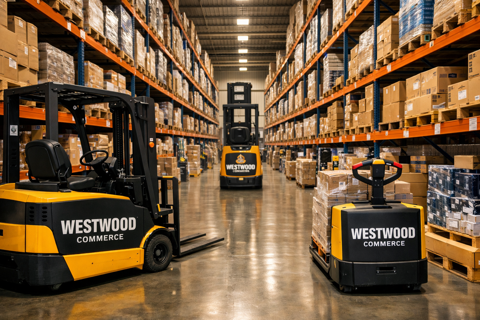 View of a warehouse aisle with shelves filled with boxes, featuring two yellow Westwood Commerce trucks and a forklift in the background.