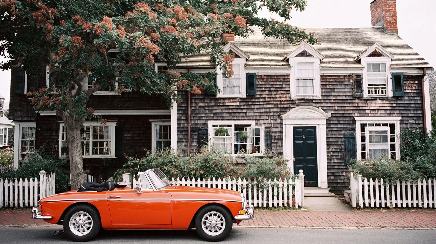 An orange vintage convertible car parked on a street in front of a rustic two-story house with weathered wooden shingles, white-framed windows, green shutters, and a white picket fence, with a large leafy tree on the left.