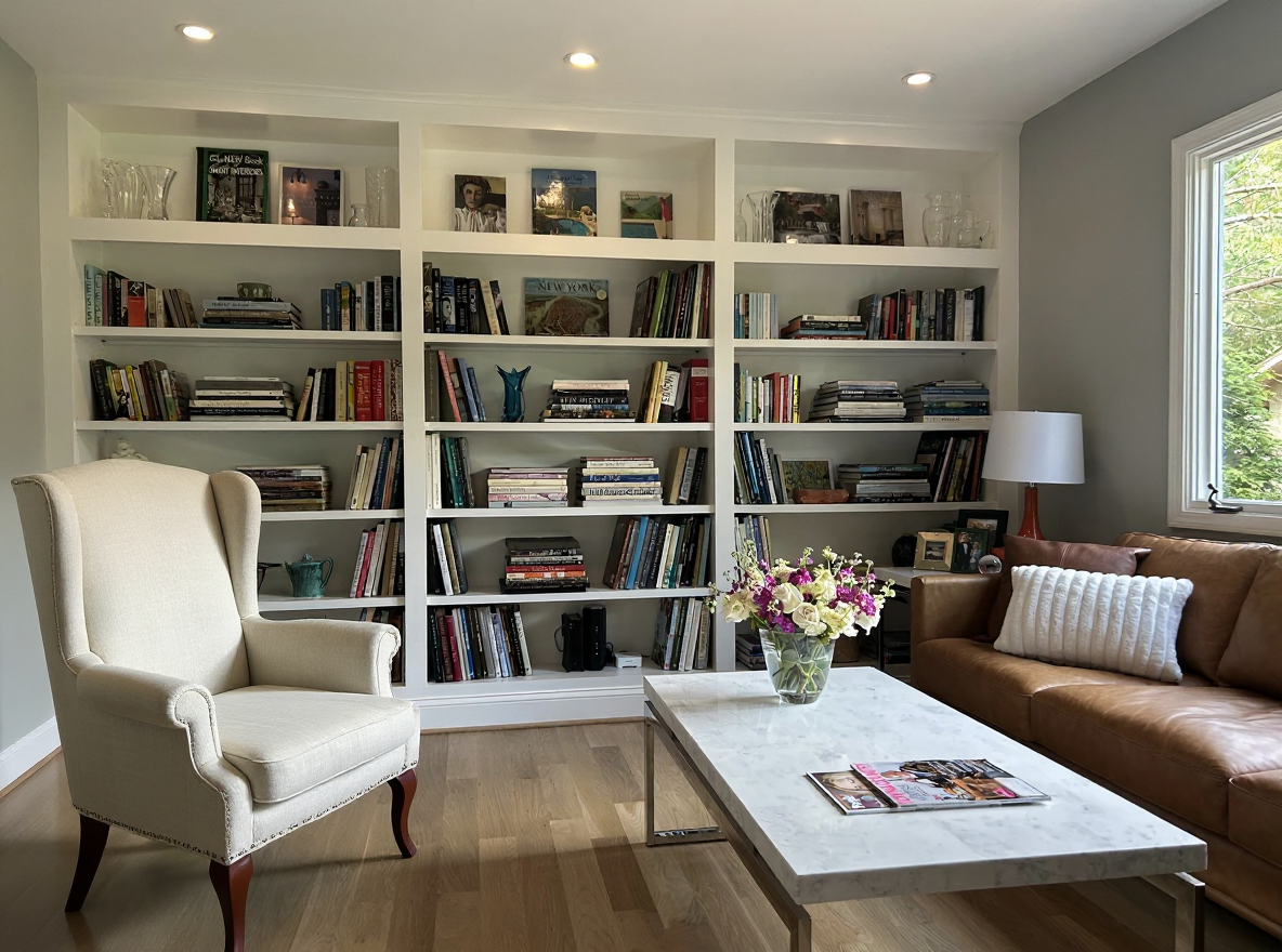 Living room with a white armchair, a brown leather sofa with a white pillow, a white marble coffee table with a magazine and a flower arrangement, a bookshelf filled with books and decorative items, a window with a view of greenery, and a lamp on a side table.