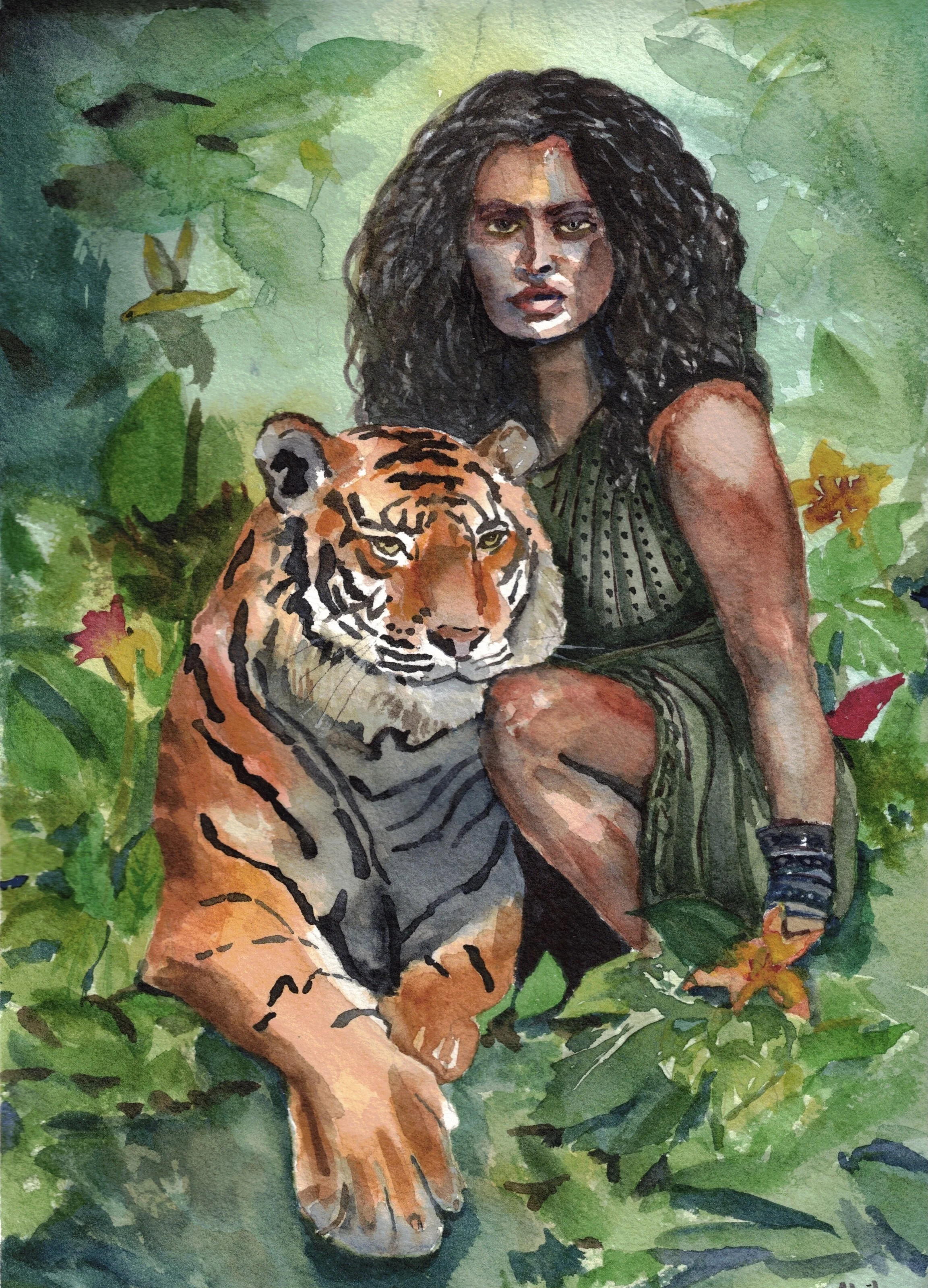 Original hand-painted watercolor portrait of a Woman and Tiger, painted on 300gsm cotton paper by Ivory and Ink