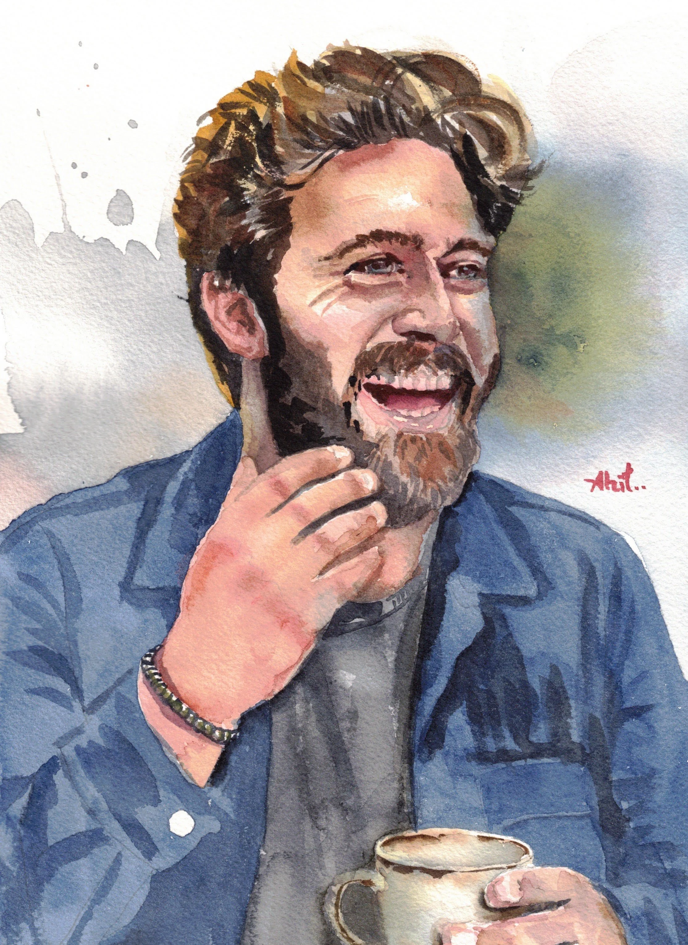 Original hand-painted watercolor portrait of a Caucasian man, painted on 300gsm cotton paper by Ivory and Ink