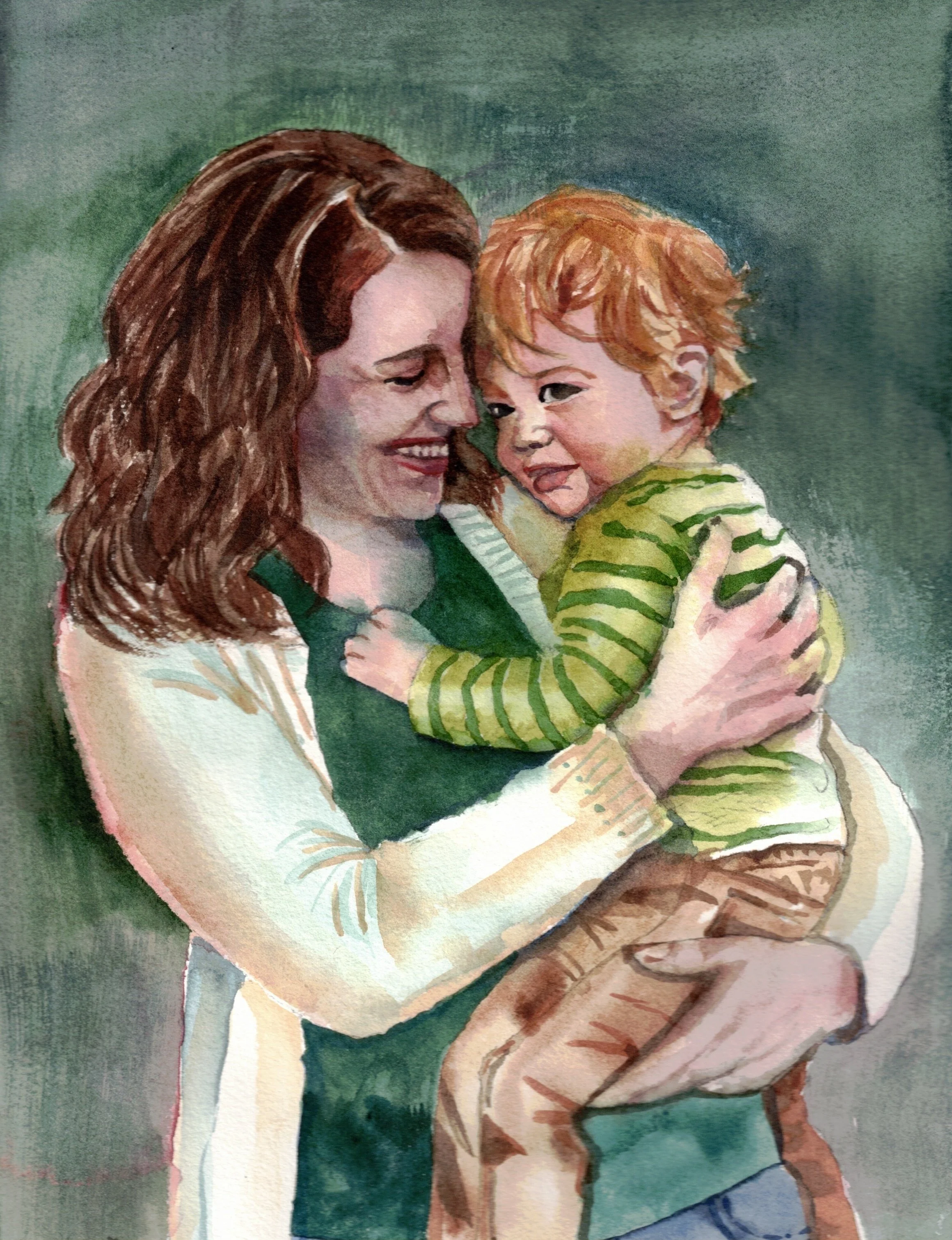 Original hand-painted watercolor portrait of a Caucasian woman and her boy kid, painted on 300gsm cotton paper by Ivory and Ink