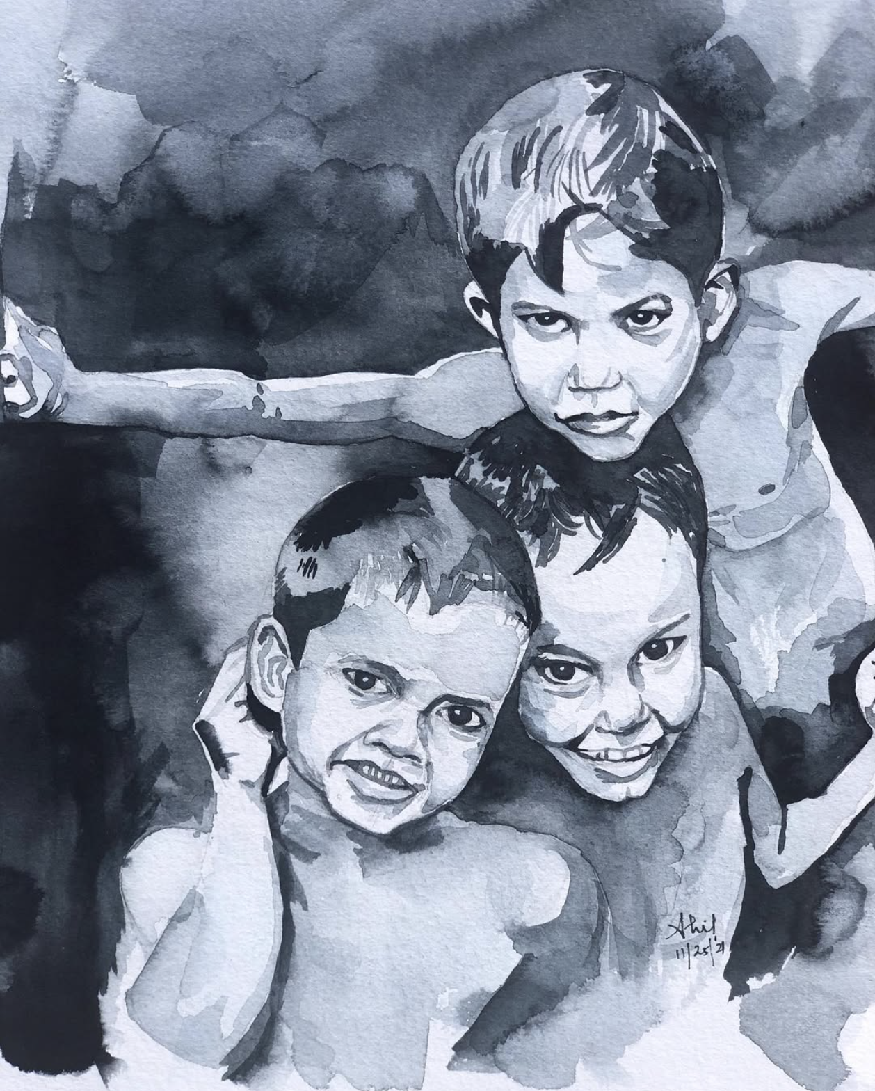 Original hand-painted monochrome watercolor portrait of three young boys together, dramatic dark background with full tonal range, painted on 300gsm cotton paper by Ivory and Ink.