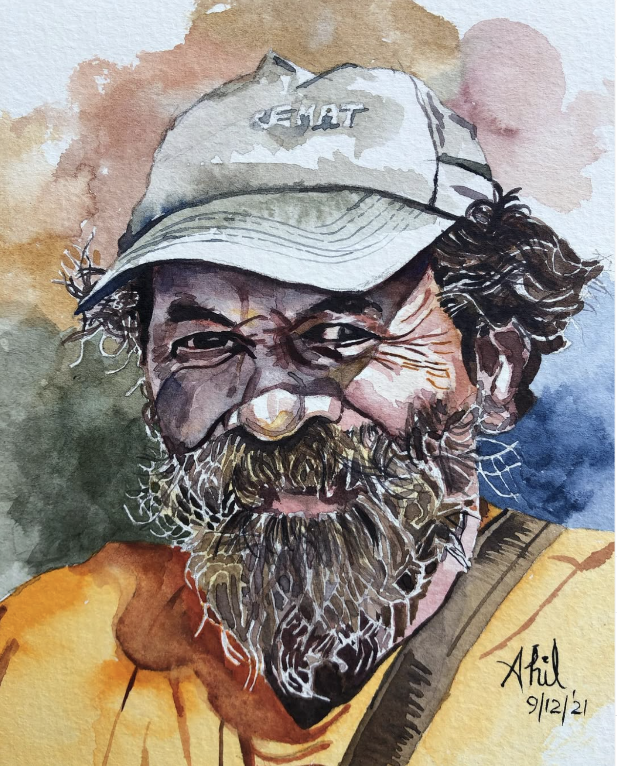 Original hand-painted watercolor character portrait of a bearded man wearing a worn cap, fine white linework detail throughout the beard, warm earth and blue tones on 300gsm cotton paper by Ivory and Ink.
