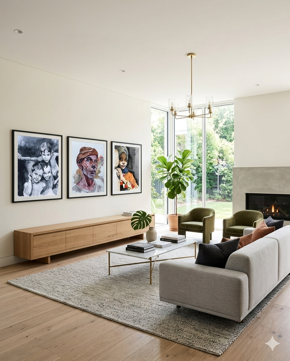 Three original hand-painted watercolor portraits by Ivory & Ink, framed and displayed on a living room wall — showing how custom portrait commissions look as statement art in a home.