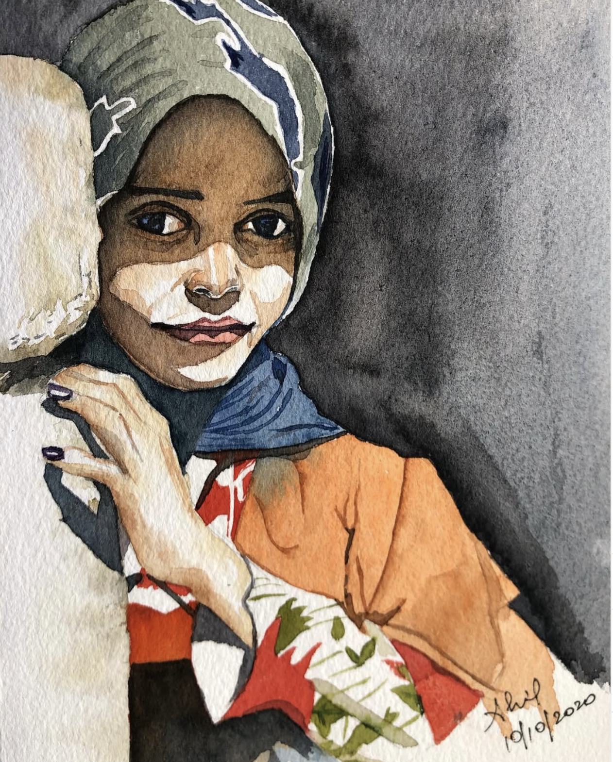 Original hand-painted watercolor portrait of a young woman wearing a teal hijab and vibrant floral garment painted honestly and beautifully, on 300gsm cotton paper by Ivory and Ink.