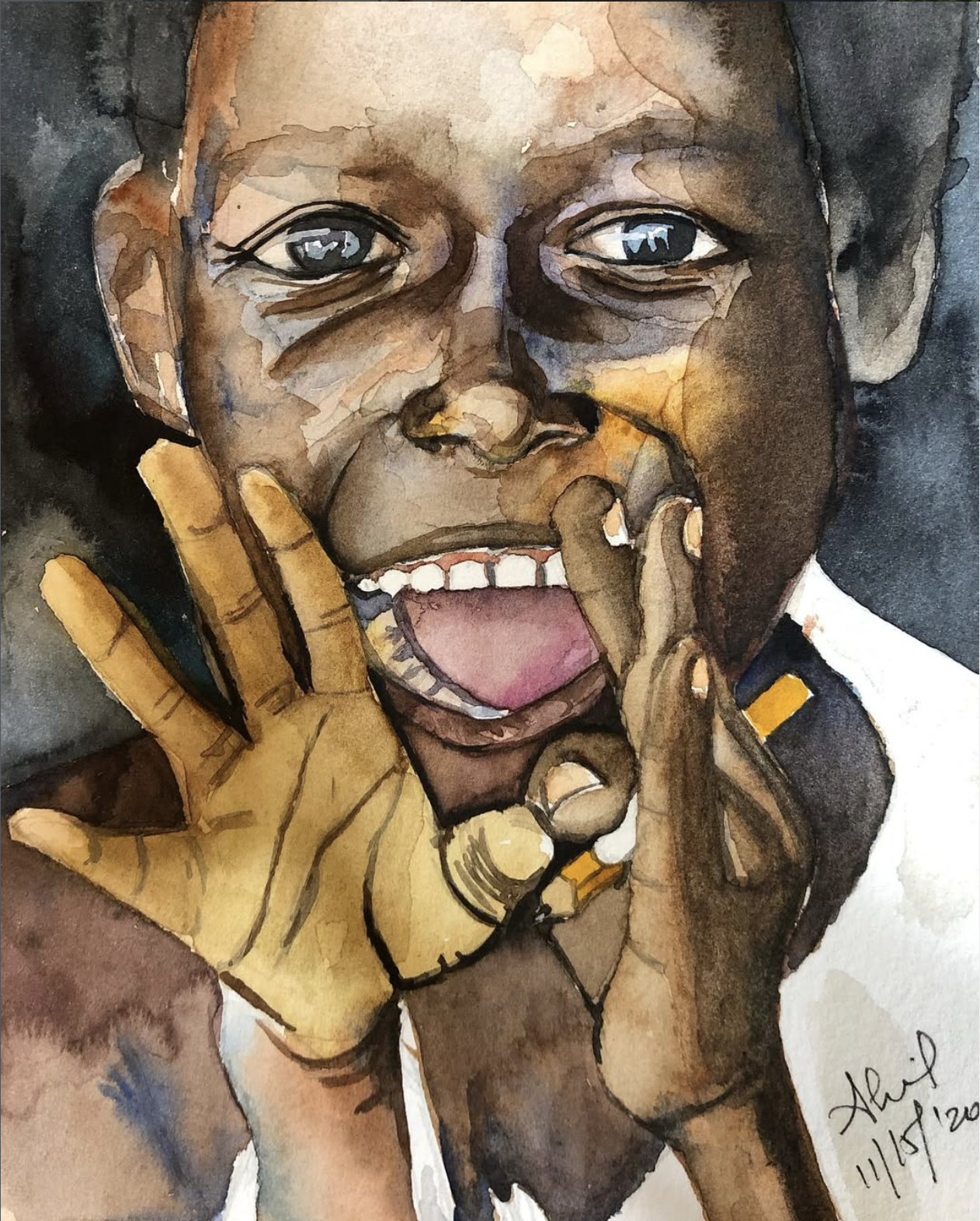 Original hand-painted watercolor portrait of a joyful child framing their face with both hands, striking blue-grey eyes and warm golden skin tones, painted on 300gsm cotton paper by Ivory and Ink.