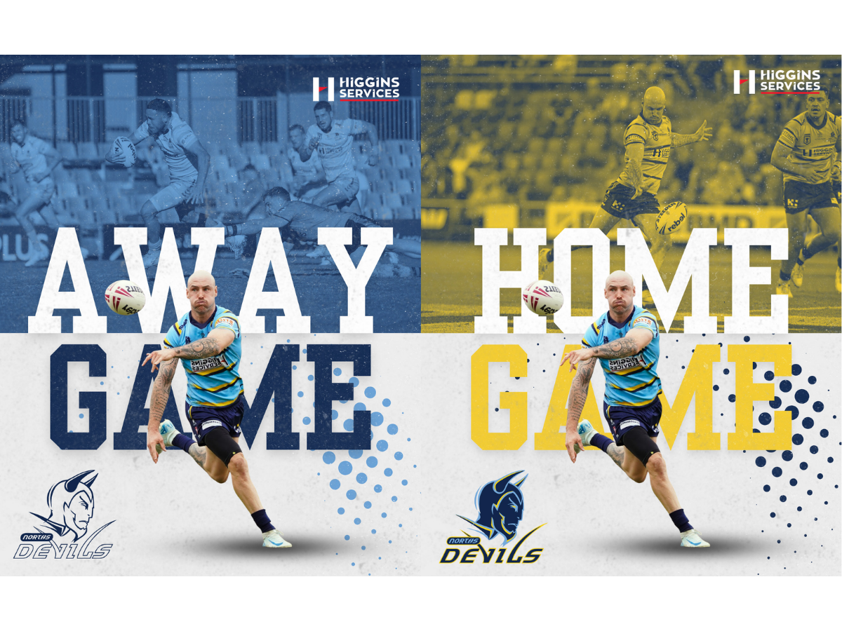 An instagram post with large text saying "away game" and "home game" and a player kicking a football.