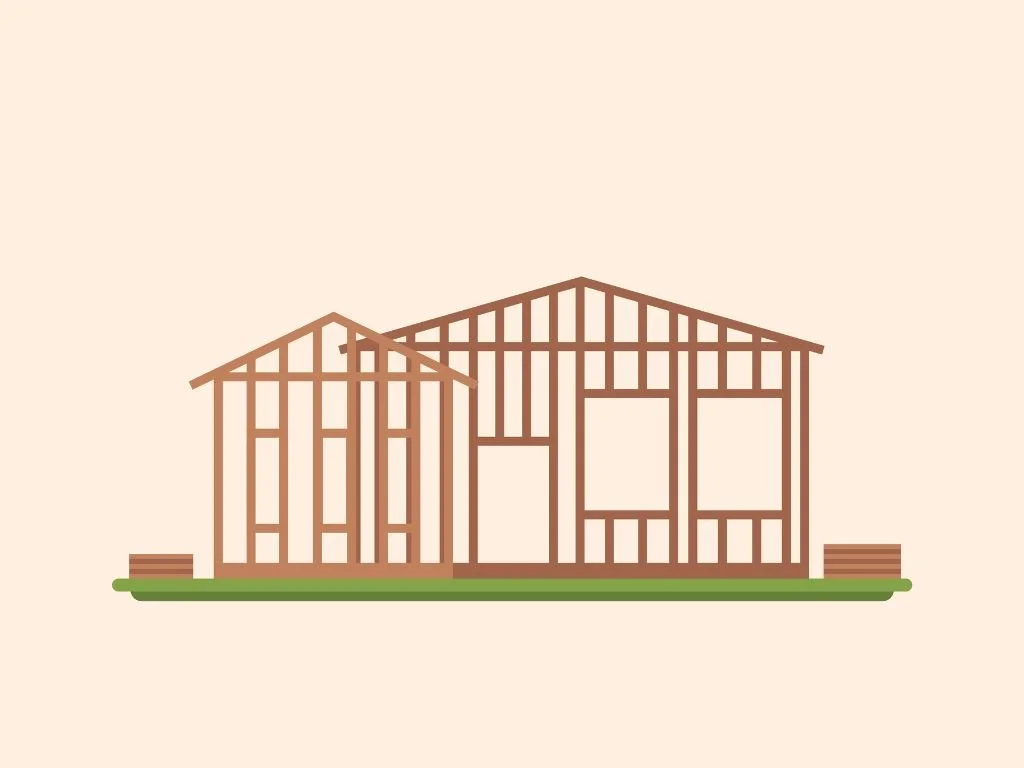 A still from an animated video showing the frame of a house.