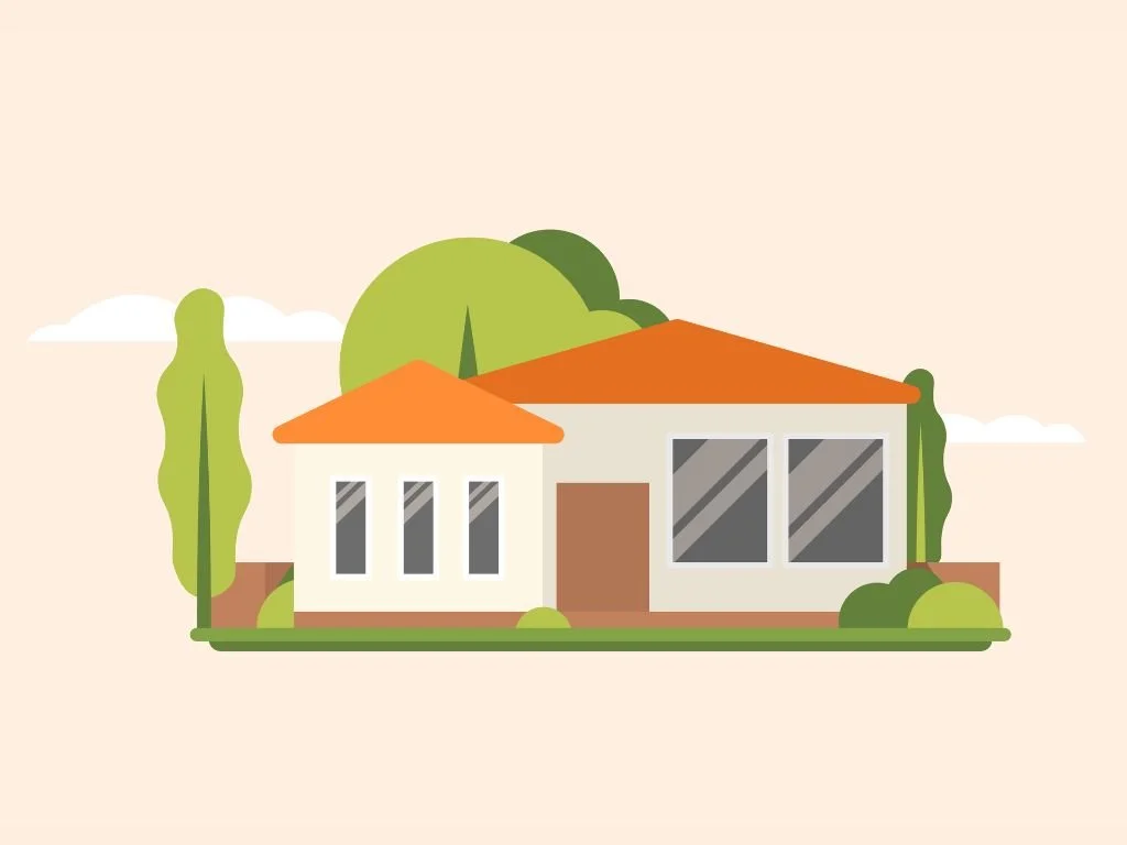 A still from an animated video showing a house with windows and an orange roof.