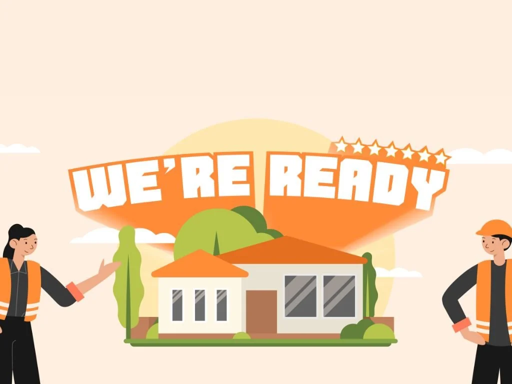 A still from an animated video showing a house with the words "we're ready" and two people in construction outfits standing next to it.