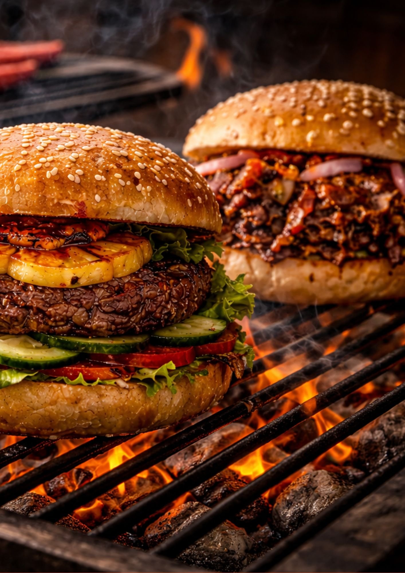 Two beef burgers with sesame seed buns and various toppings cooking on a barbecue grill over flames.