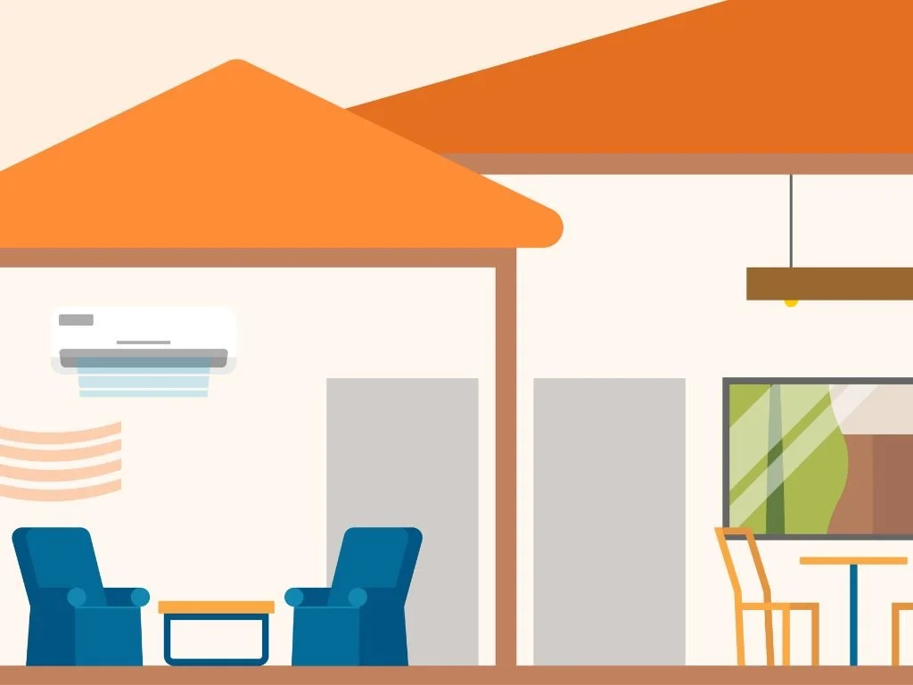 A still from an animated video showing the interior of a house with blue chairs and airconditioning.