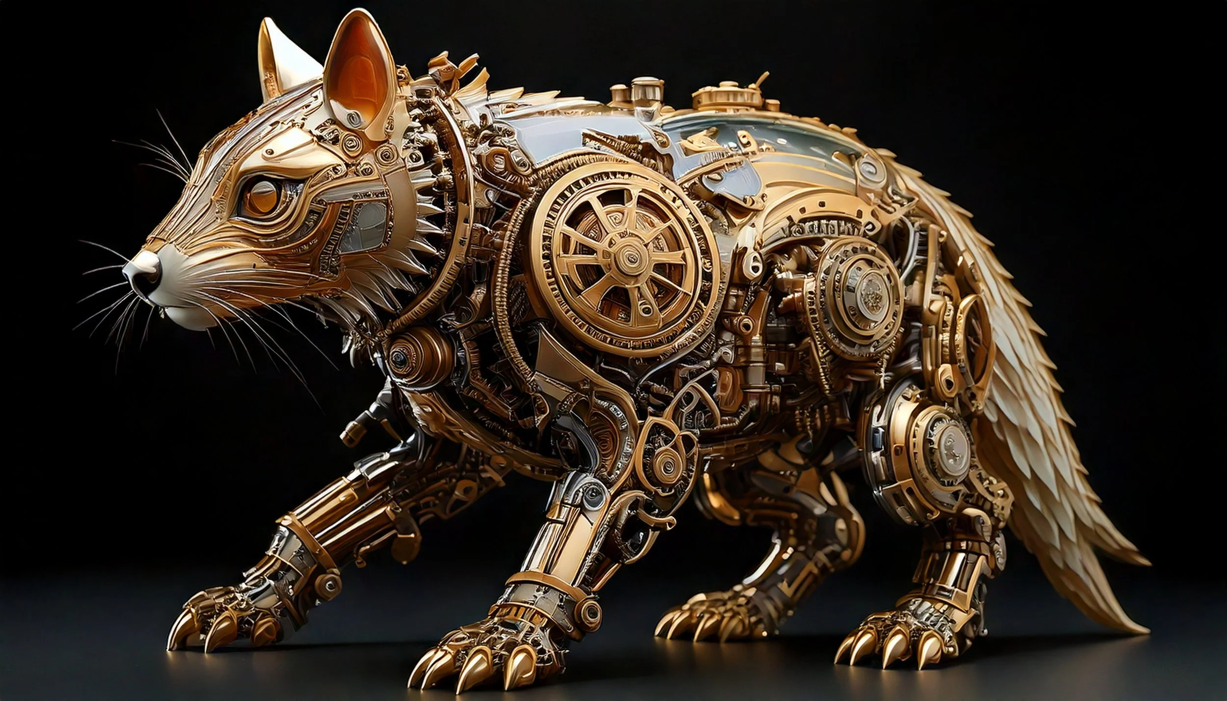 A robot in the shape of a mouse built with gold and metal parts, with mechanical gears and components visible, set against a black background.