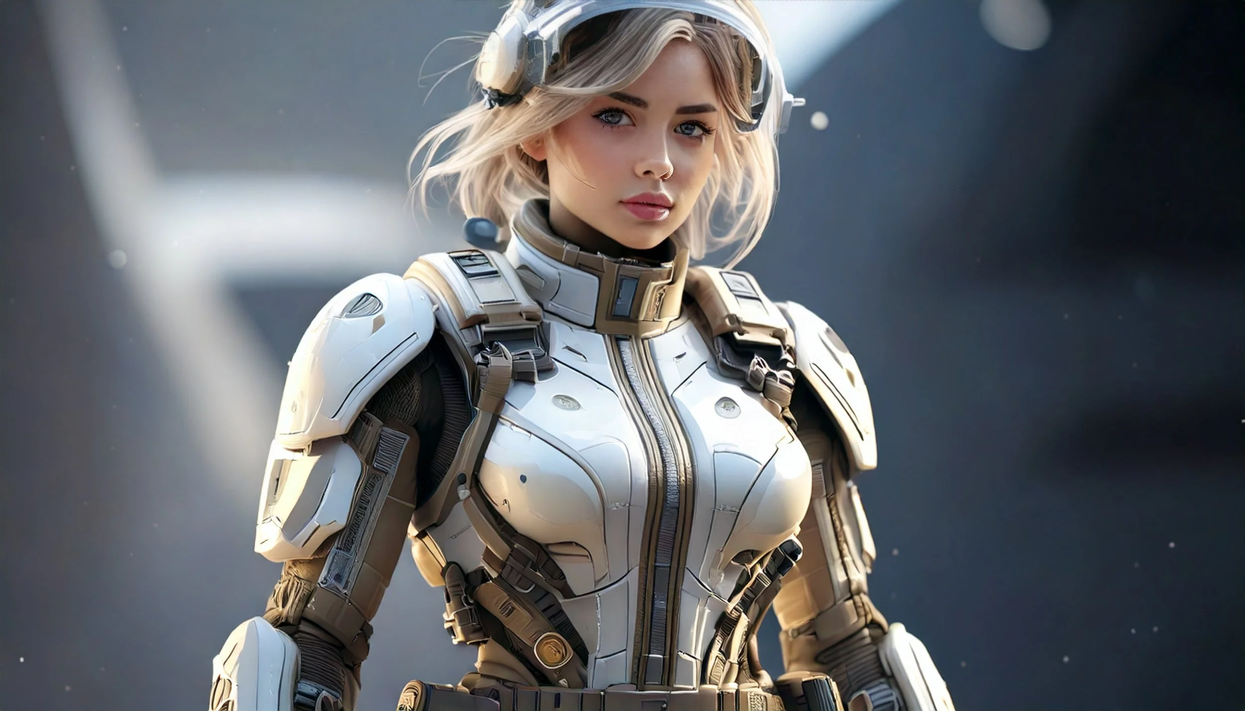 A woman in a futuristic white and beige armored spacesuit with a helmet pushed back, standing against a dark background with light streaks and small particles.