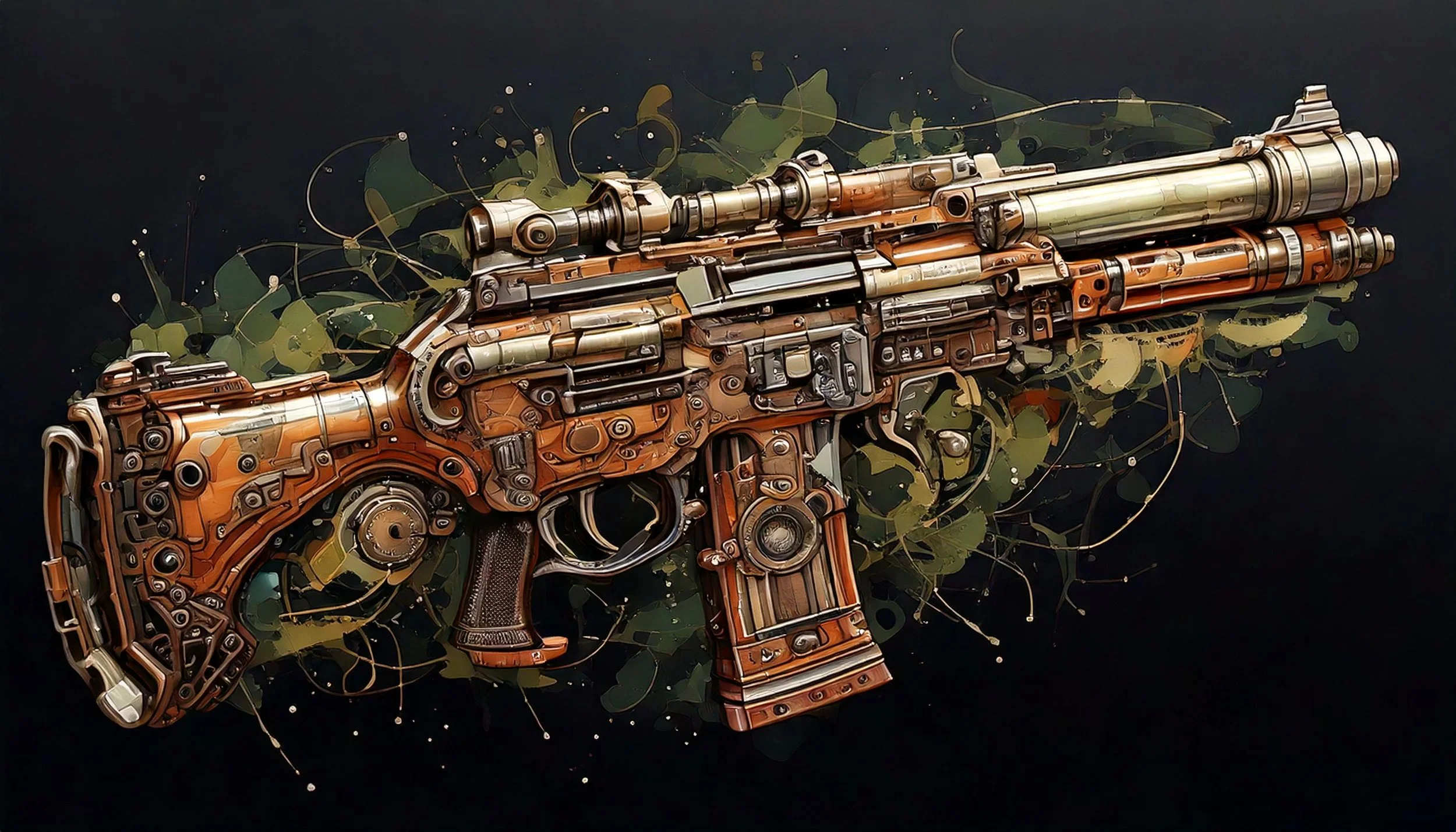 A computer-generated artistic rendering of a futuristic gun, featuring intricate metallic and mechanical parts, with a dark background and green abstract elements surrounding it.