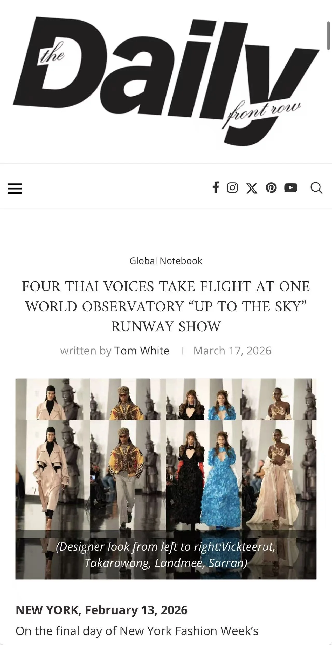 Fashion runway show featuring four models walking on the runway, dressed in designer outfits, with statues and a bright background in an elegant setting.