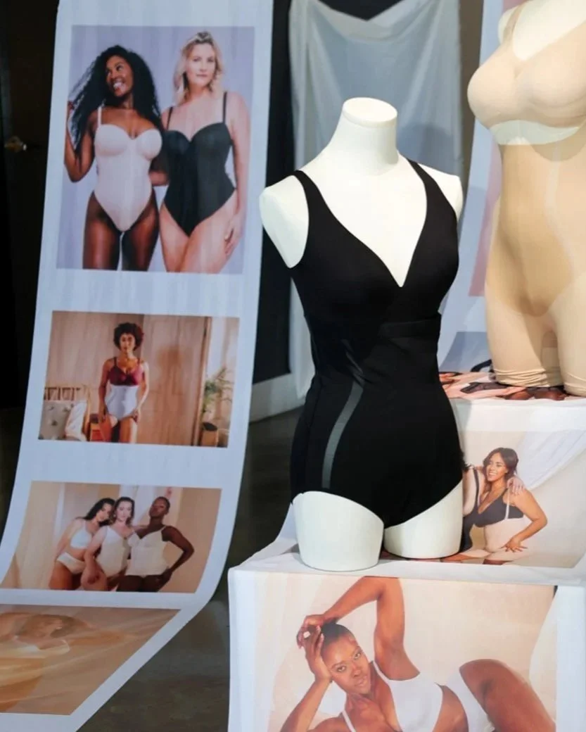 An installation with products and campaigns from the shape wear brand Shapellx's 6th anniversary activation, Six and Beyond, in Los Angeles.