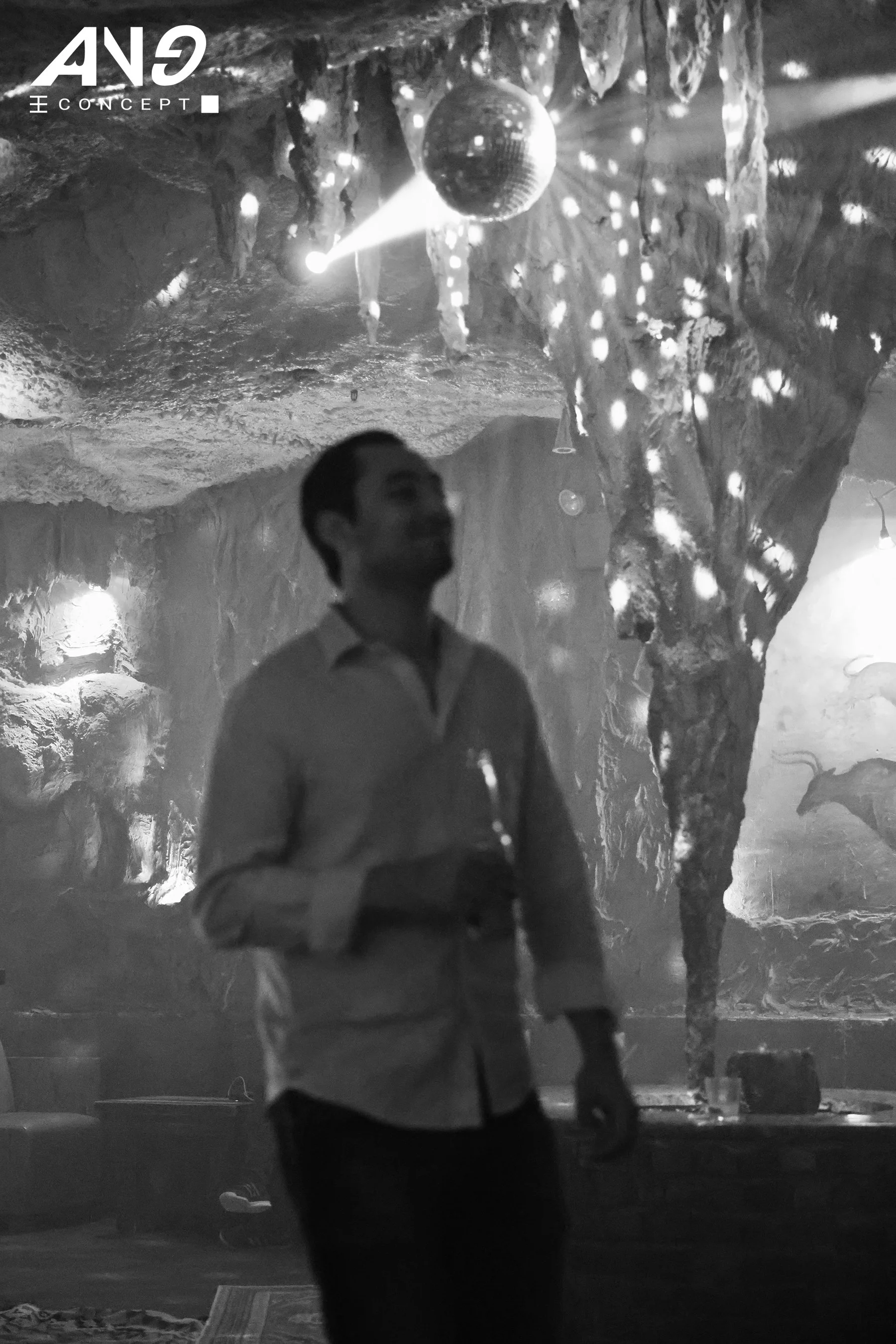 A man standing in a dimly lit room with rocks as the background at the party by the New York event production agency ANG Concept.