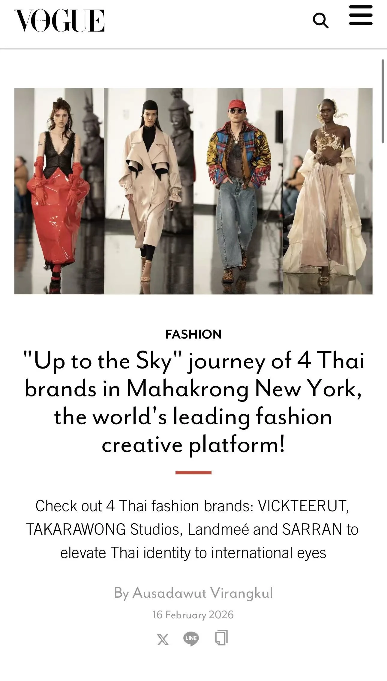 Vogue webpage showing a runway with four models in fashion outfits and an article about four Thai fashion brands at Mahakrung New York.