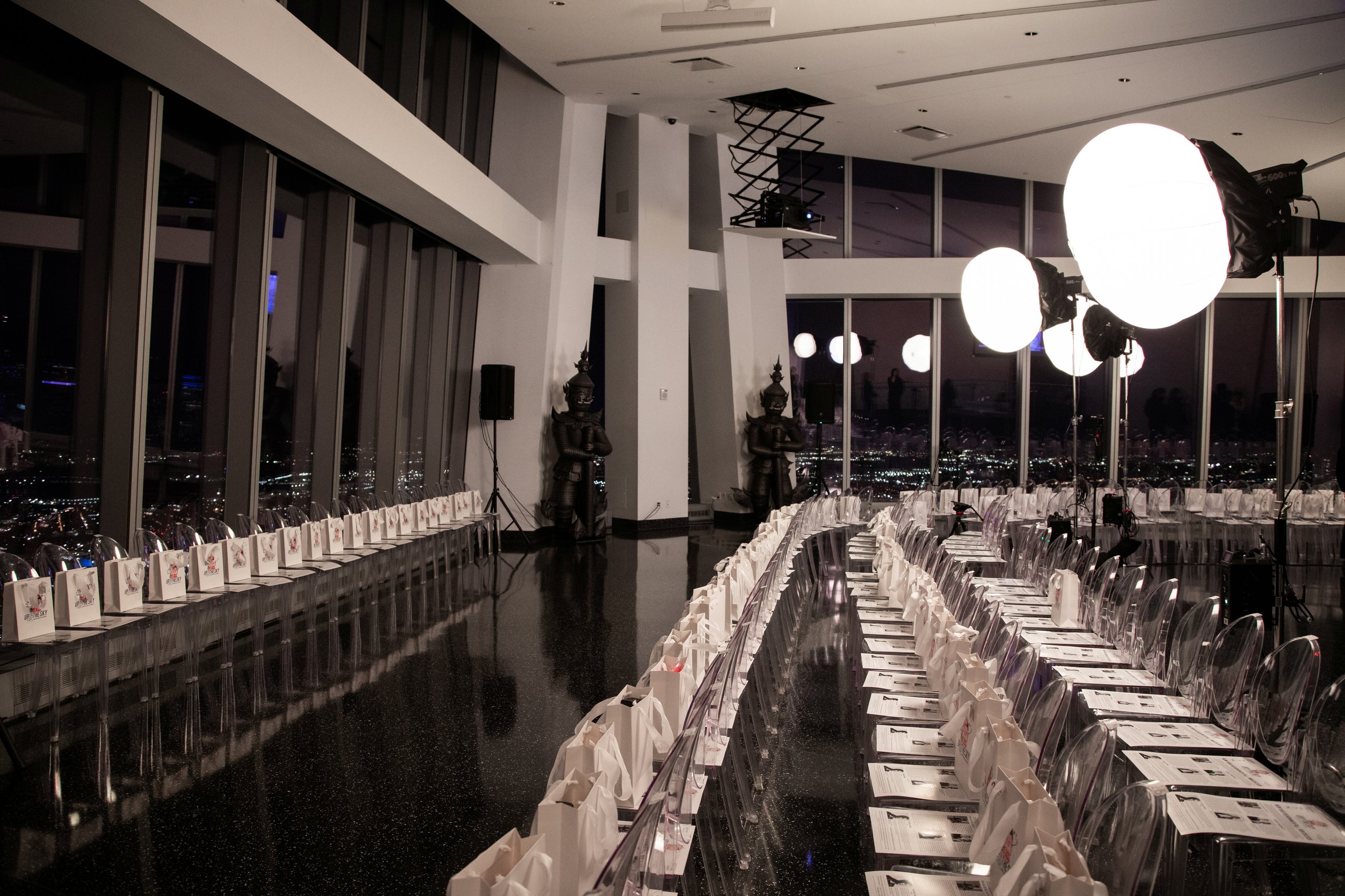 Pre-show spatial shot of "Up to the Sky" Bangkok designer fashion show in World Trade Center New York by experiential production agency ANG Concept during NYFW at One World Observatory.