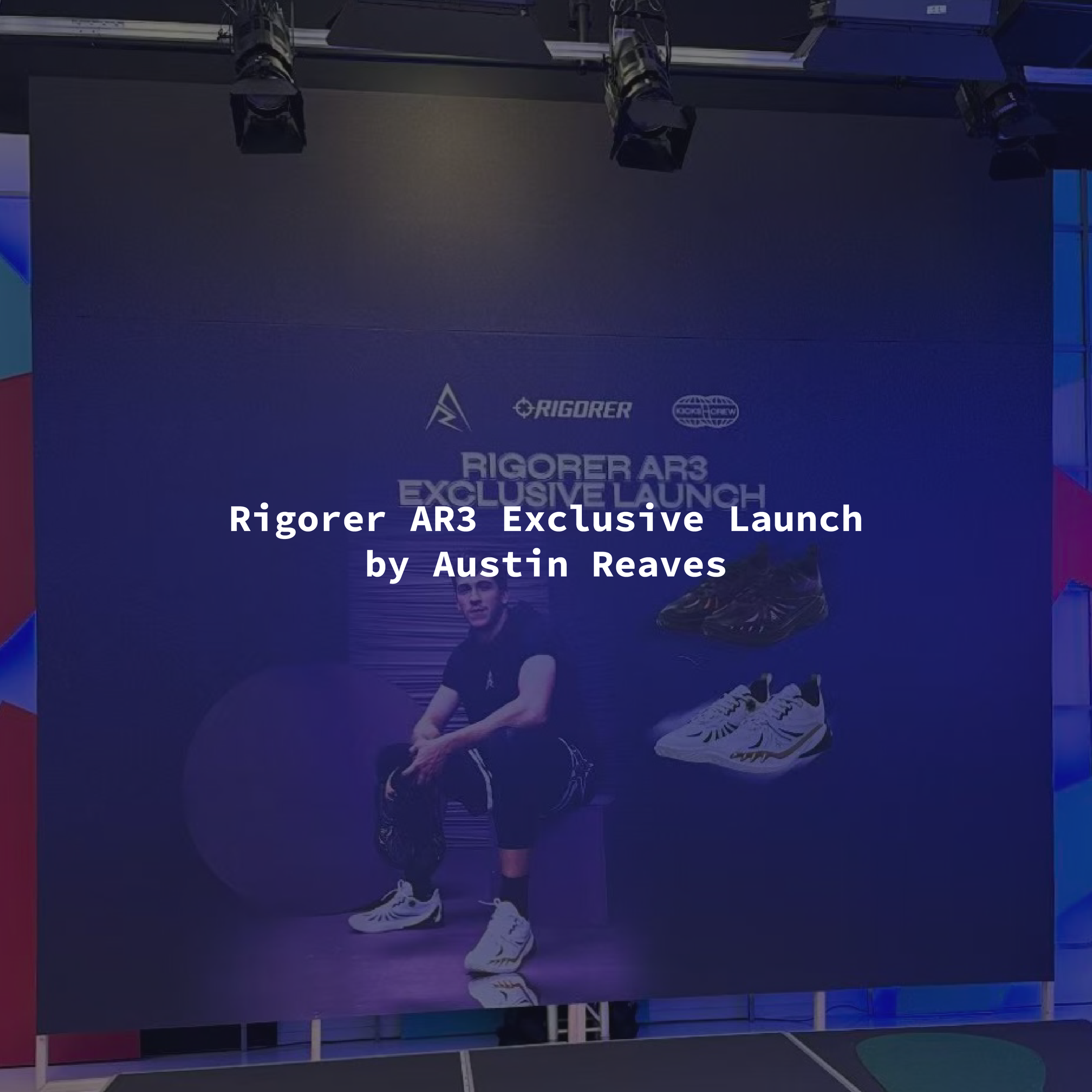 TikTok Live-streaming Backdrop for the Rigorer AR3 sneaker launch event featuring Austin Reaves, designed and produced by experiential production agency ANG Concept.