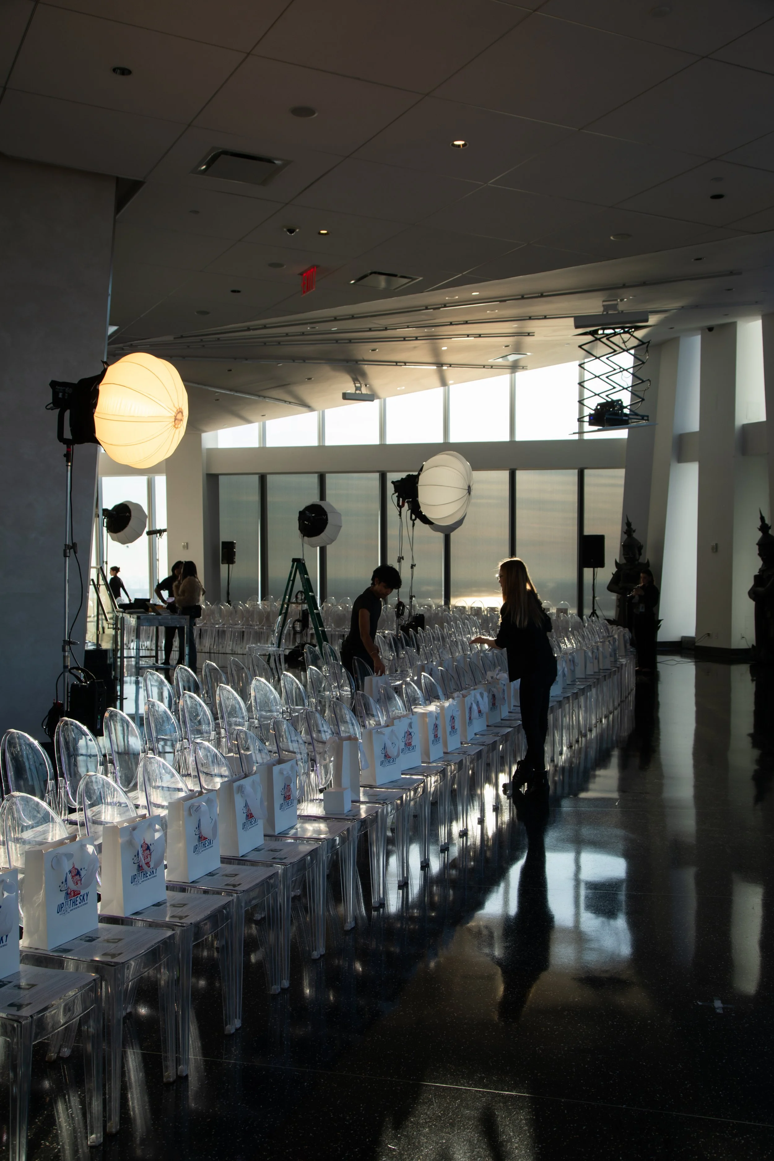 Daytime runway production BTS of "Up to the Sky" Bangkok designer fashion show by event production agency ANG Concept during NYFW at One World Observatory.