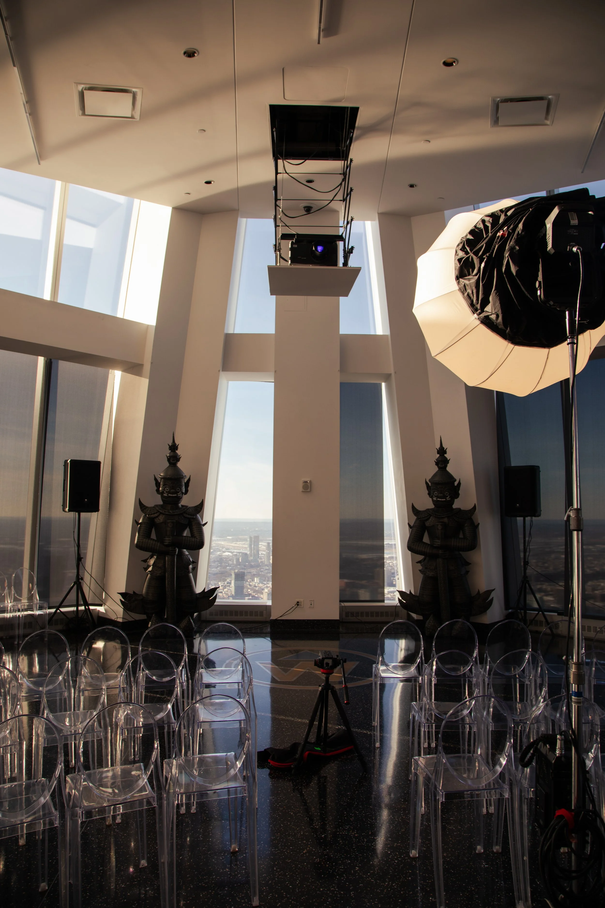 Runway production spatial shot of "Up to the Sky" Bangkok designer fashion show by event production agency ANG Concept during NYFW at One World Observatory.