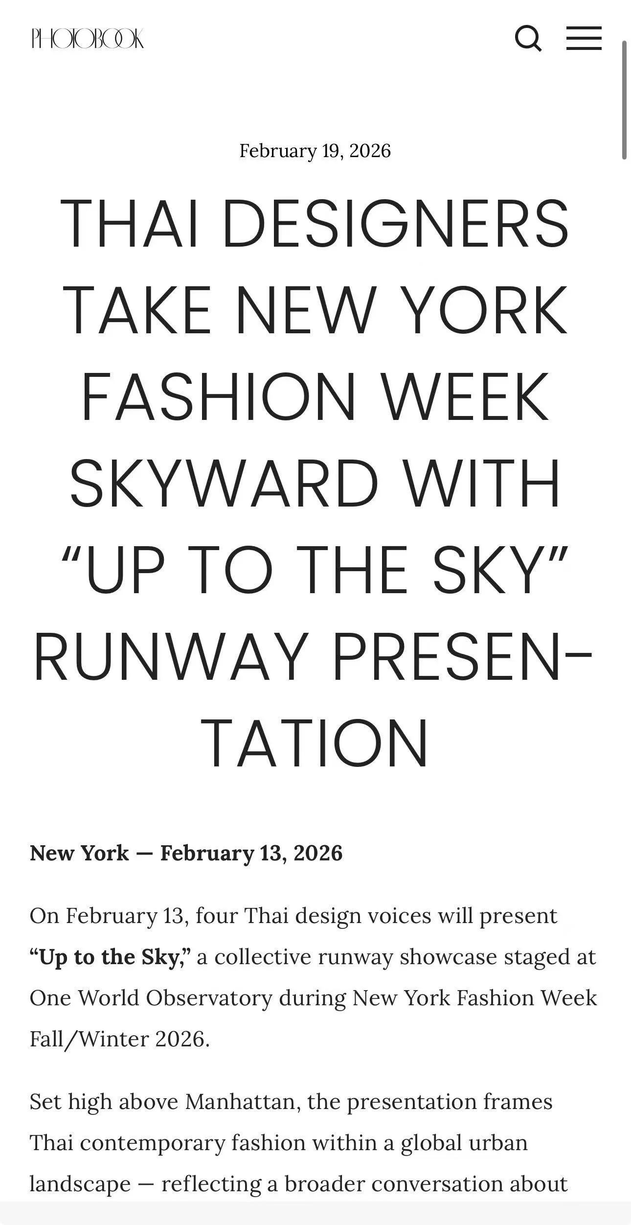 Screen capture of a webpage article titled 'Thai designers take New York Fashion Week skyward with "Up to the Sky" runway presentation,' dated February 19, 2026, discussing a runway show at One World Observatory during New York Fashion Week.