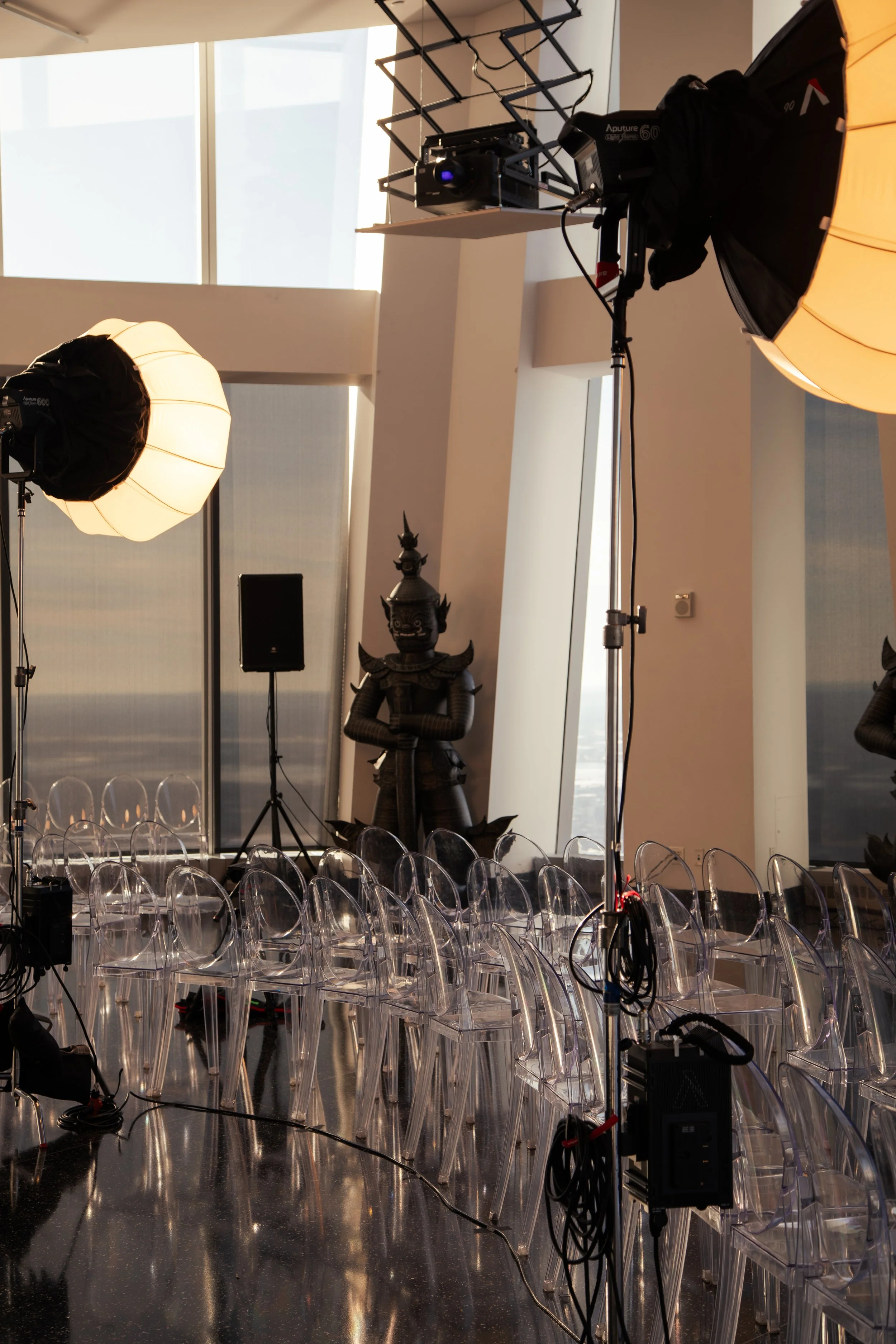 Daytime production shot of "Up to the Sky" Bangkok designer fashion show in World Trade Center New York by experiential production agency ANG Concept during NYFW at One World Observatory.