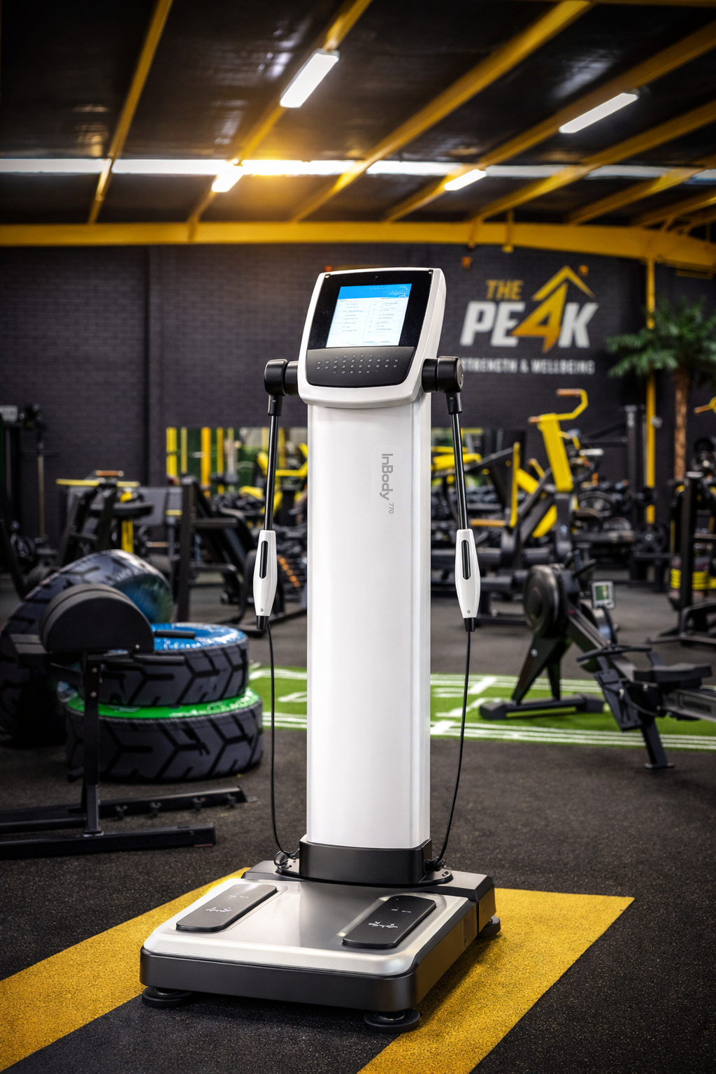 A body composition analysis scale with digital display in a gym with various workout equipment in the background.