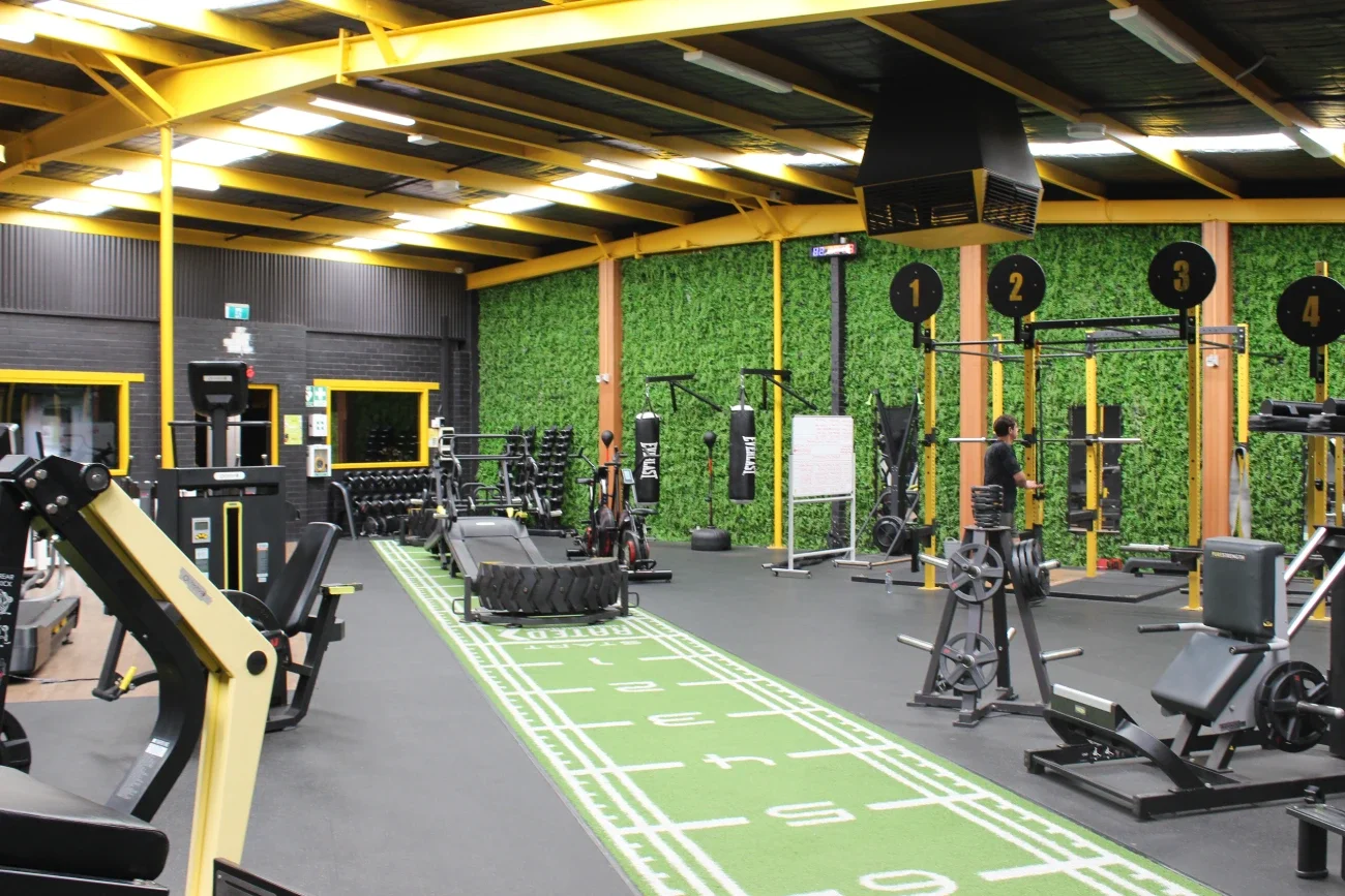 Interior view of a gym with various workout equipment, including weights, punching bags, and exercise machines, with a green turf running track in the center.