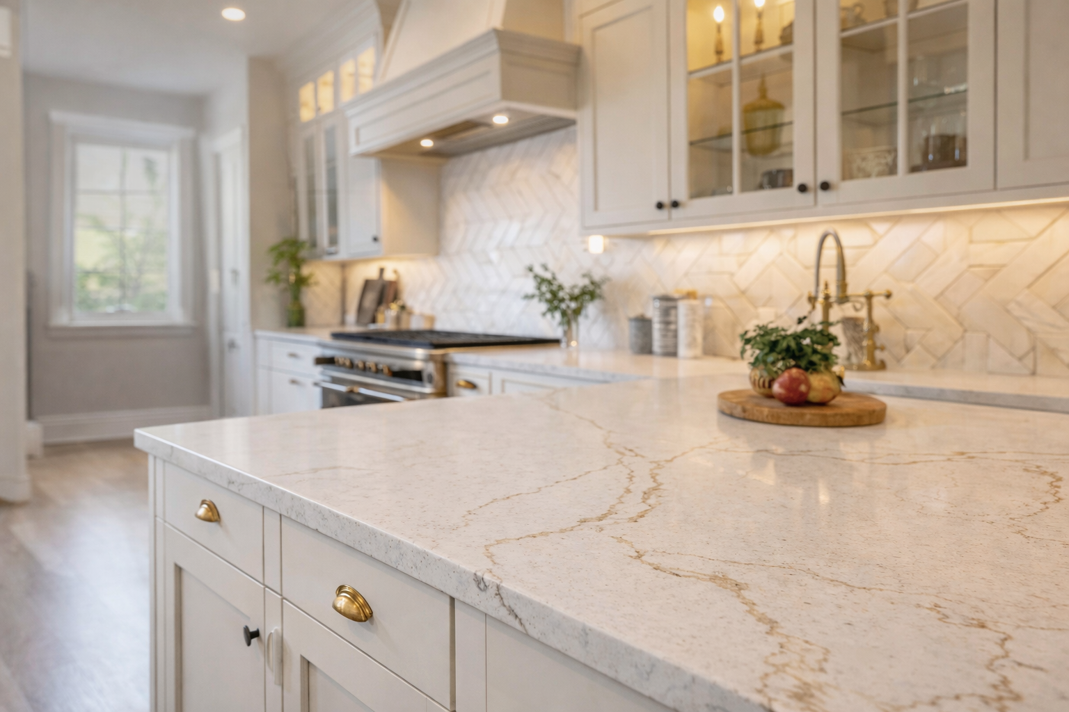 A modern kitchen with white cabinetry, a marble countertop, and a herringbone backsplash. The kitchen features brass hardware, a farmhouse sink with a brass faucet, and decorative items like a wooden cutting board with pomegranates and greenery. There is natural light coming through a window.