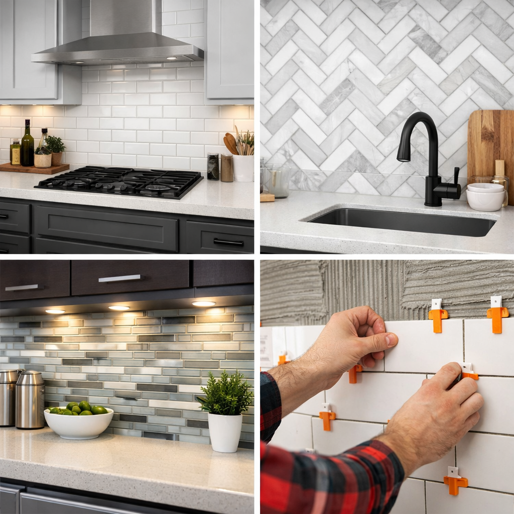 Top left: modern kitchen stove with stainless steel range hood, white subway tiles backsplash, and countertop with olive oil bottles and potted plants. Top right: kitchen sink with black faucet, marble herringbone backsplash, and wooden cutting board. Bottom left: kitchen counter with gray tile backsplash, bowl of limes, and potted plant. Bottom right: person installing white subway tiles with orange spacers on a wall.
