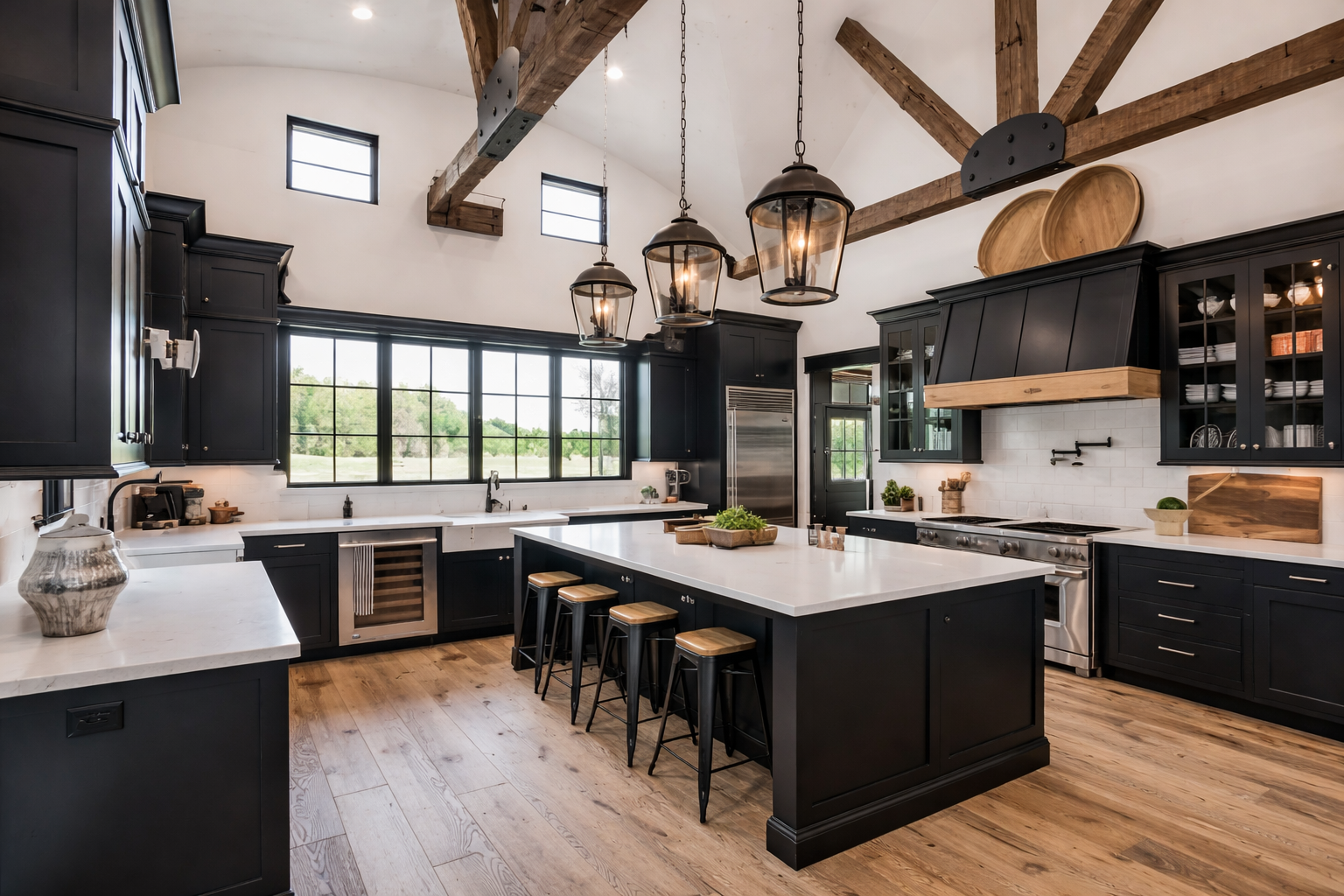 Modern farmhouse kitchen with black cabinetry, white countertops, and a large central island with four stools. Exposed wooden beams and hanging lantern-style lights add rustic charm, while a stainless steel refrigerator and stove emphasize functionality. Large windows provide natural light and a view of greenery outside.
