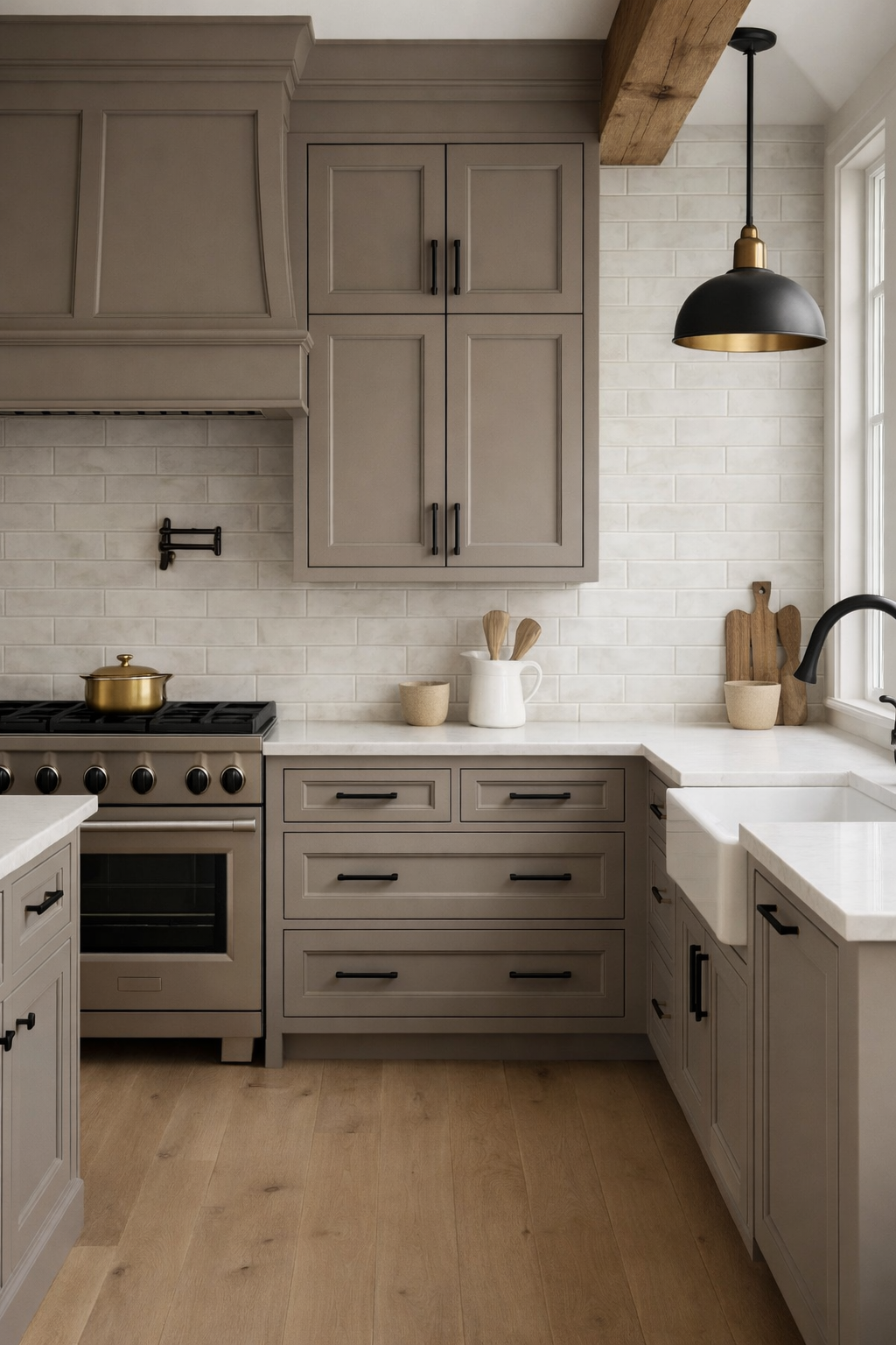 Modern kitchen with gray cabinetry, white tile backsplash, black hardware, black pendant light, wooden beam, white farmhouse sink, and window.