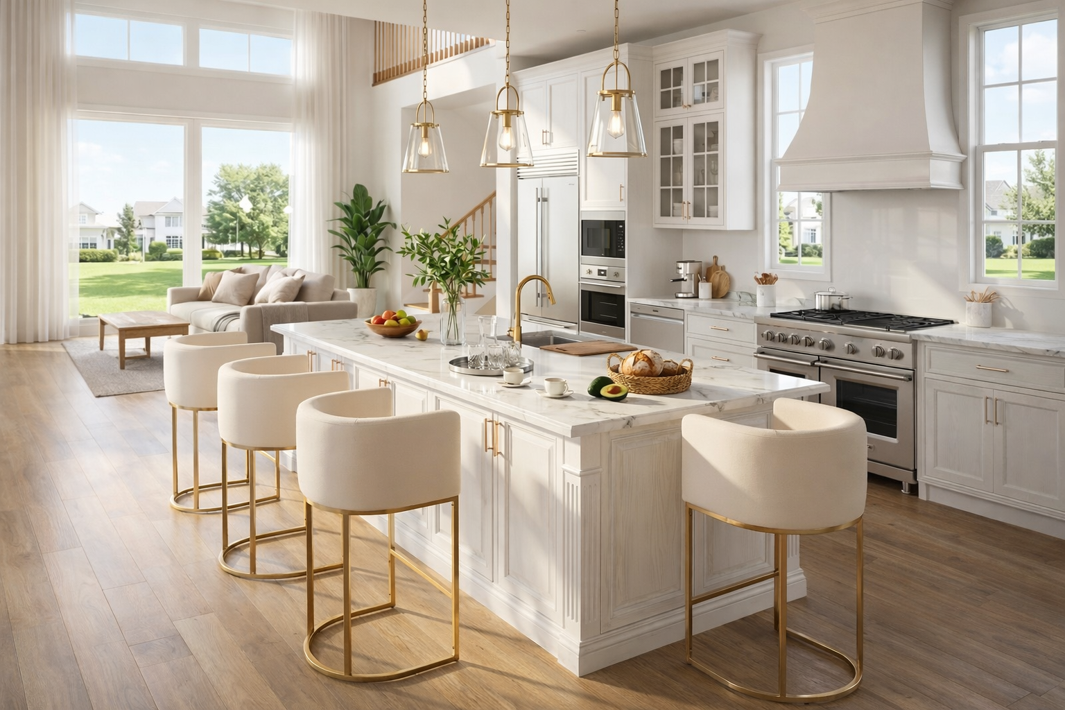 Modern kitchen with white cabinets, marble countertops, and a kitchen island with beige barstools. Open living area with large windows showing a green lawn outside.