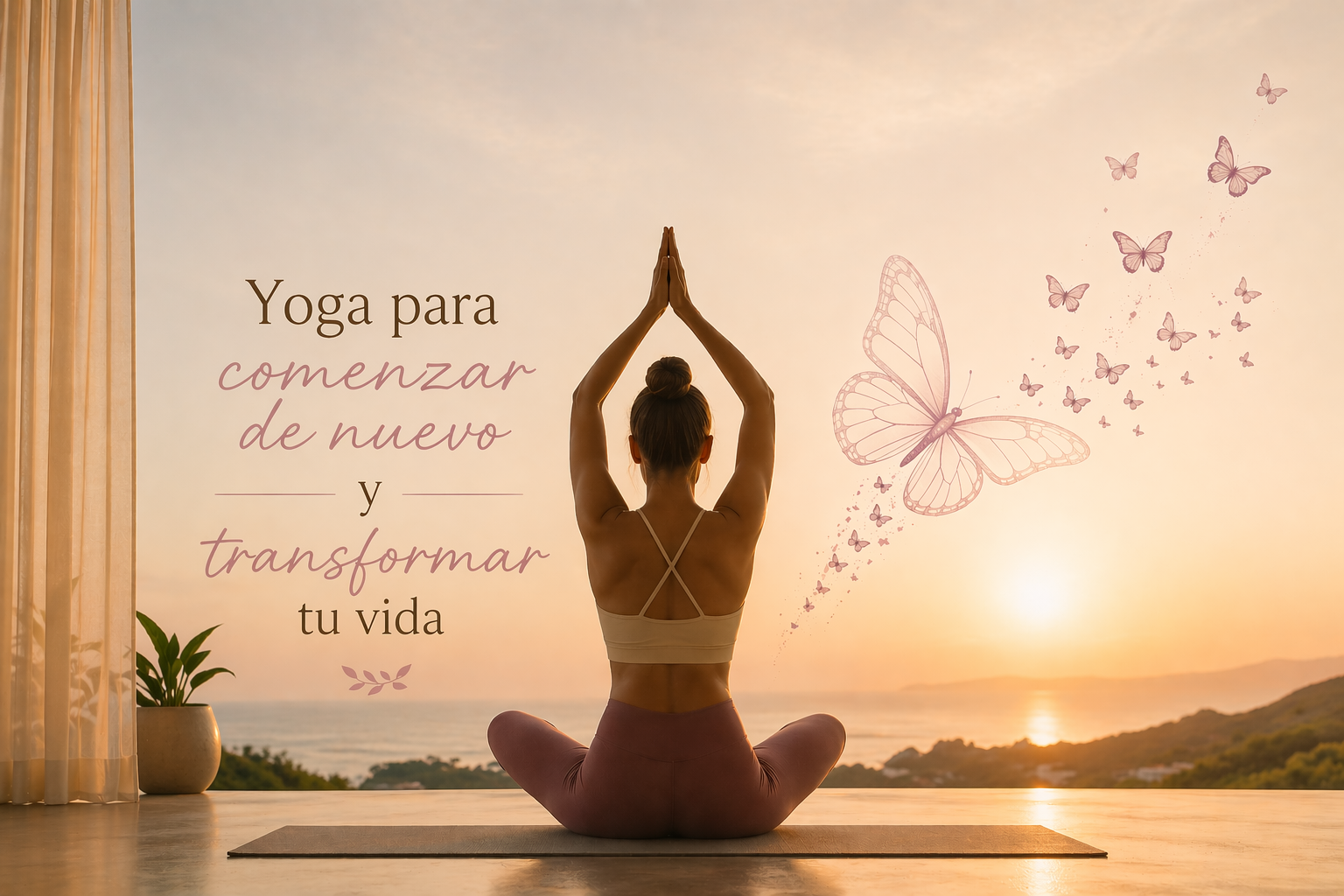 Mujer practicando yoga en una postura de meditación con vista al atardecer, frente a una pared con un mensaje motivacional sobre yoga, comenzar de nuevo y transformar la vida, rodeada de ilustraciones de mariposas y plantas.