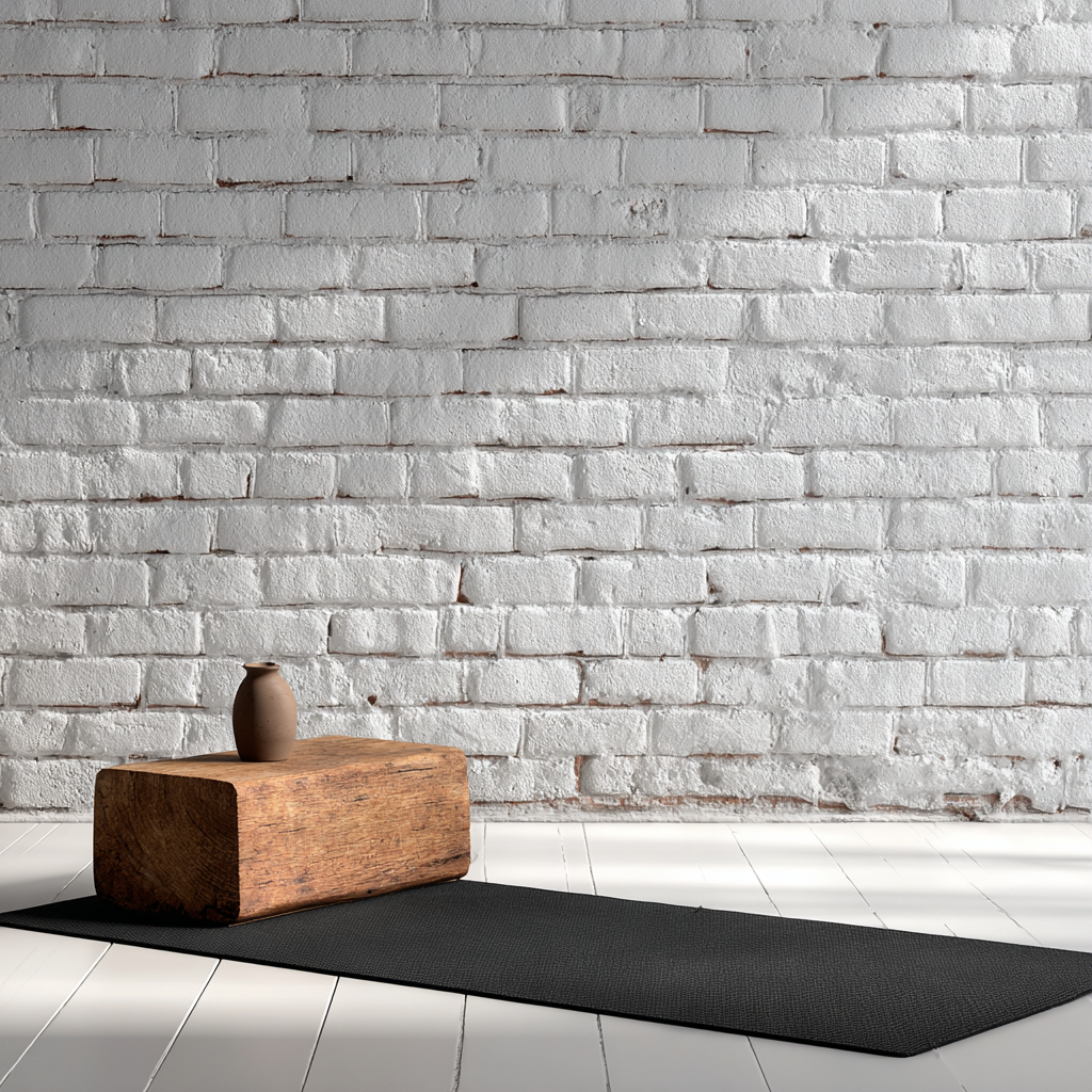 Espacio para yoga con tapete negro en piso de madera blanca, un bloque de madera y una pequeña vasija en cima en una pared de ladrillo blanca.