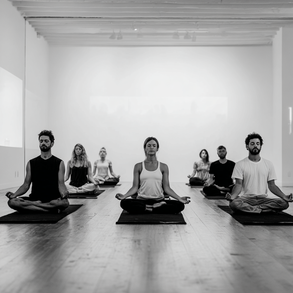 Grupo de personas practicando yoga en un estudio, sentadas en posición de loto, con ojos cerrados y manos sobre las rodillas.